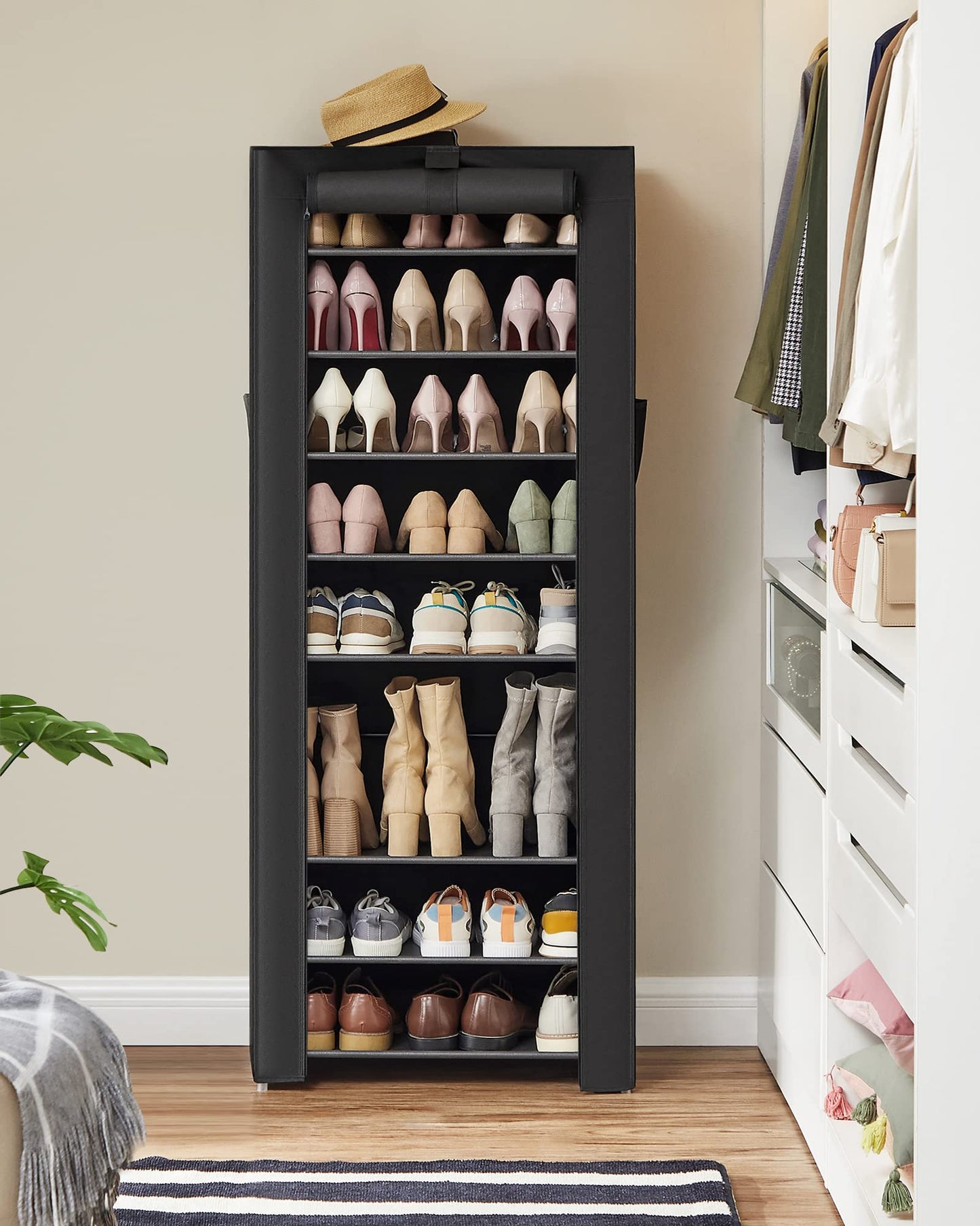 SONGMICS 10-Tier Shoe Rack, Shoe Storage Organizer Cabinet with Dustproof Cover, Free-Standing, for Closet, Entryway, Hold 27-35 Pairs, for Sneakers, High Heels, Black URXJ10H01