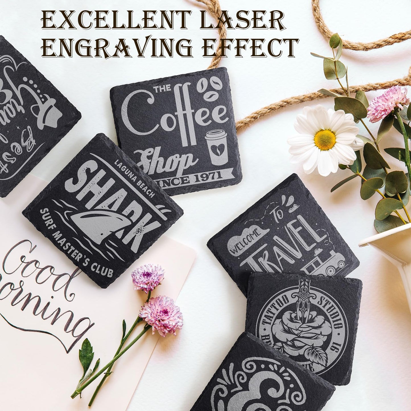 60 Pieces Slate Drink Coasters, GOH DODD 4 Inch Black Coasters Stone Coaster Set, Laser Engraving Blanks with Anti-Scratch Bottom for Home Office Kitchen Bar Housewarming Gifts Wedding Party, Square