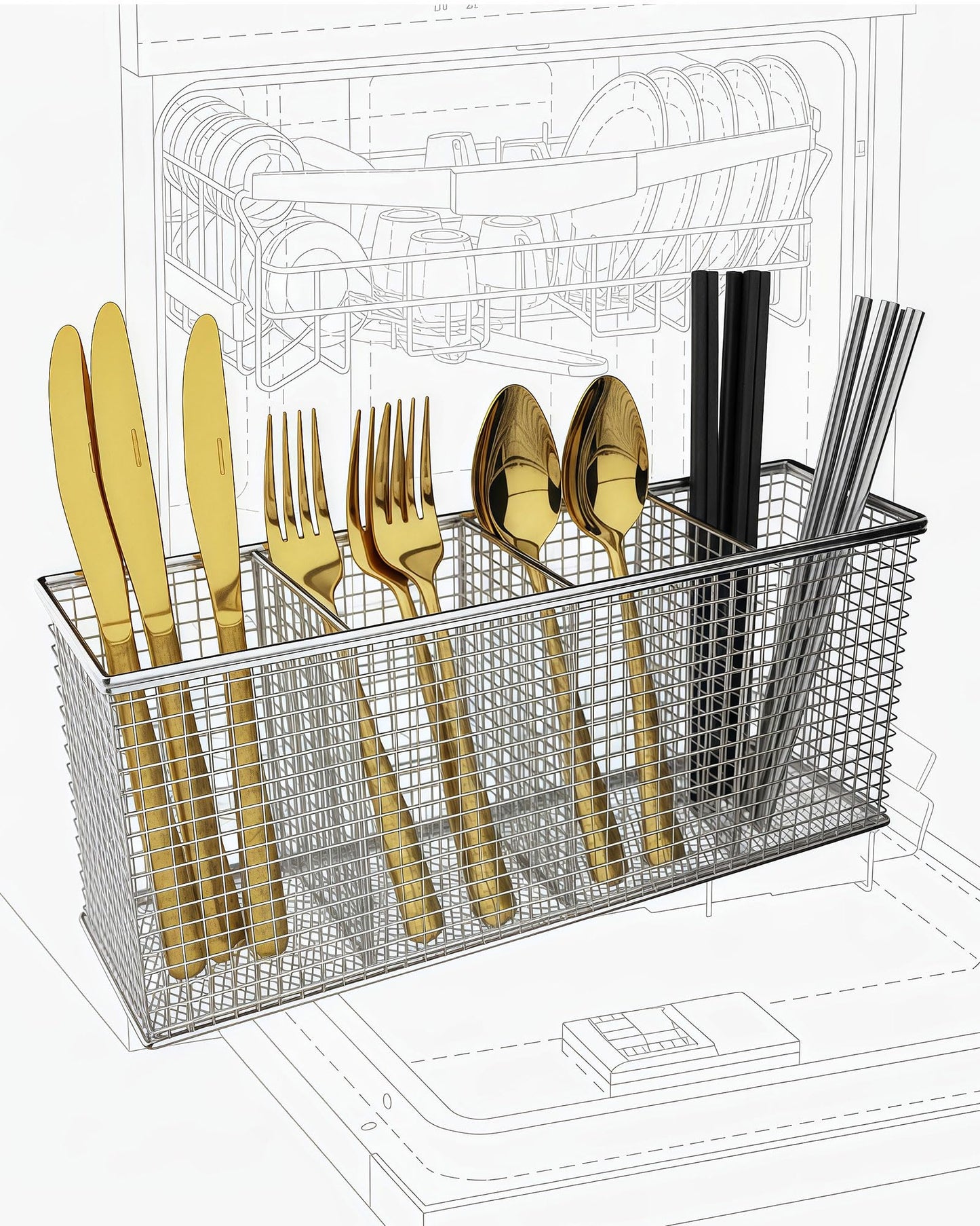 Viscogrip Universal Dishwasher Silverware Basket, 304 Stainless Steel 4-Compartment Dishwasher Utensil Basket, Spoons, Forks, Chopsticks, Straws Cleaning (Silver)
