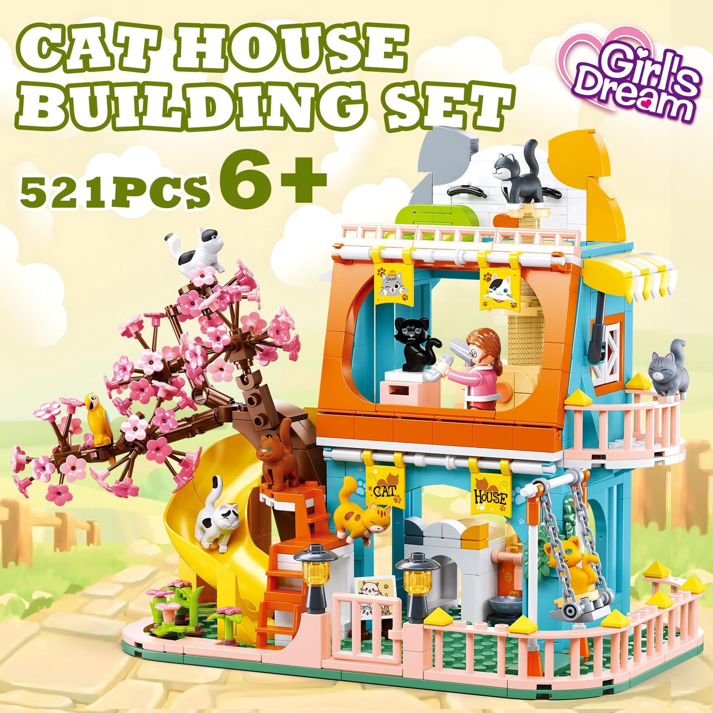 Cat House Building Set, Animal Playground Crossing Toy with 8 Cats and a Doll Minifigures Compatible with Lego Friends Pet Sets - Thanksgiving Christmas Birthday Gift for Girls Boys Aged 6-12
