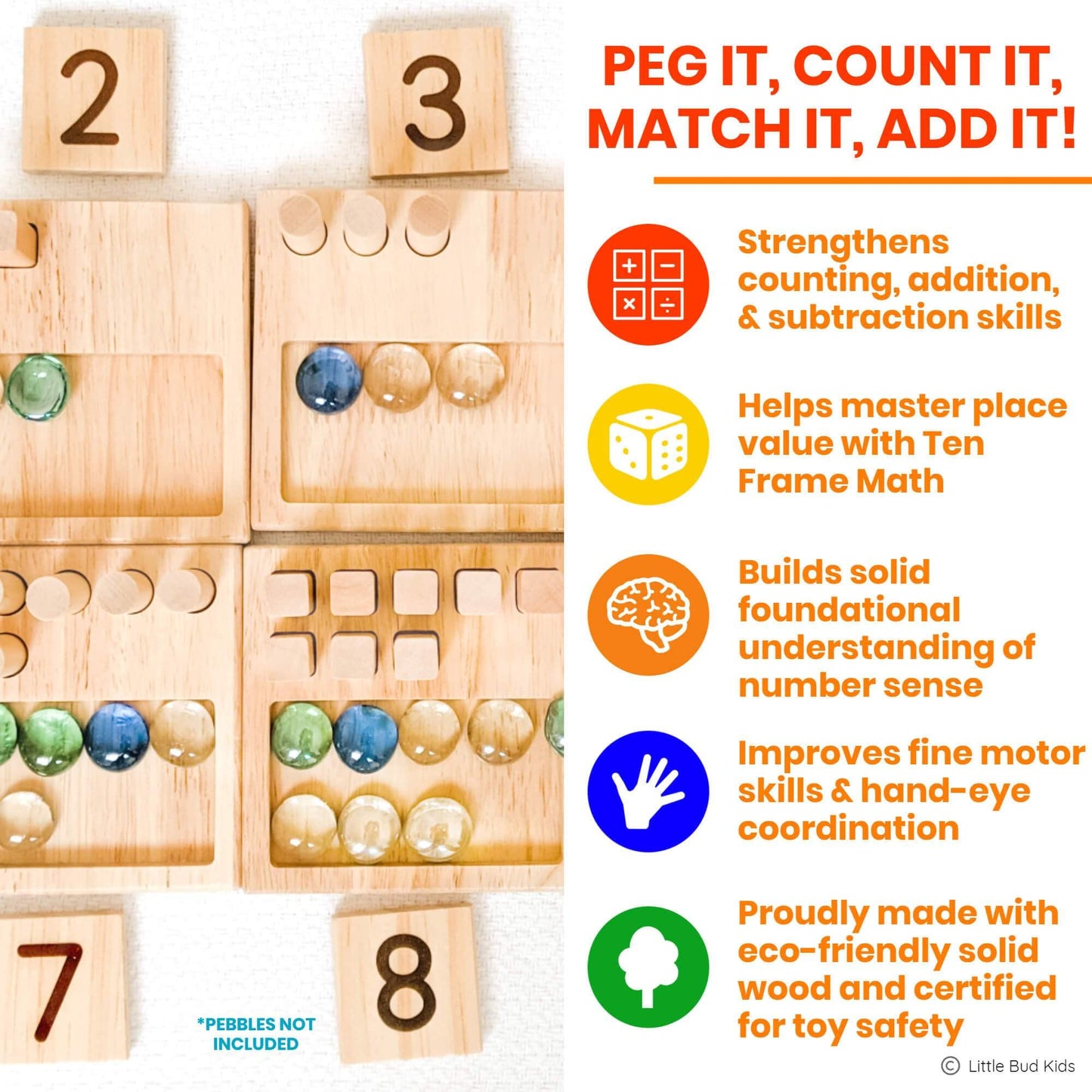LITTLE BUD KIDS Counting Pegs Ten Frame Math Game - Number Peg Boards with Addition & Subtraction Flash Cards, A Number Learning Resources Toddler Math Puzzle & Kindergarten Montessori Toy