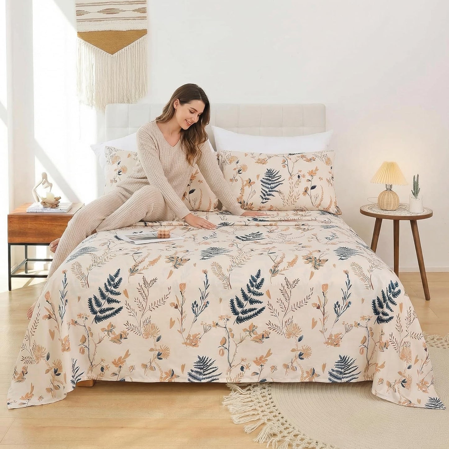 JSD Floral Printed Sheet Set Queen, Soft Microfiber Botanical Bed Sheets 15" Extra Deep Pocket 4 Pieces