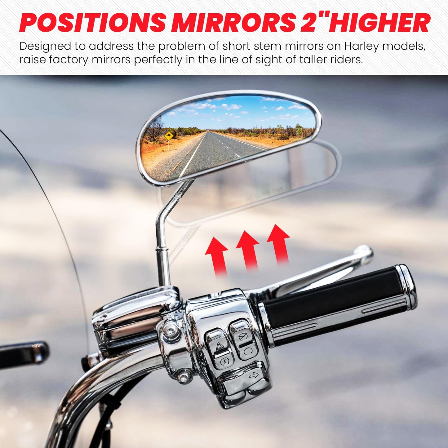 kekykm 2" Motorcycle Mirror Risers Height Extender Adapters Kit compatible with Harley Davidson Touring Softail Sportster Dyna 1982-Up Models Rear View Mirror Mount Extension 5/16 inch Thread Chrome