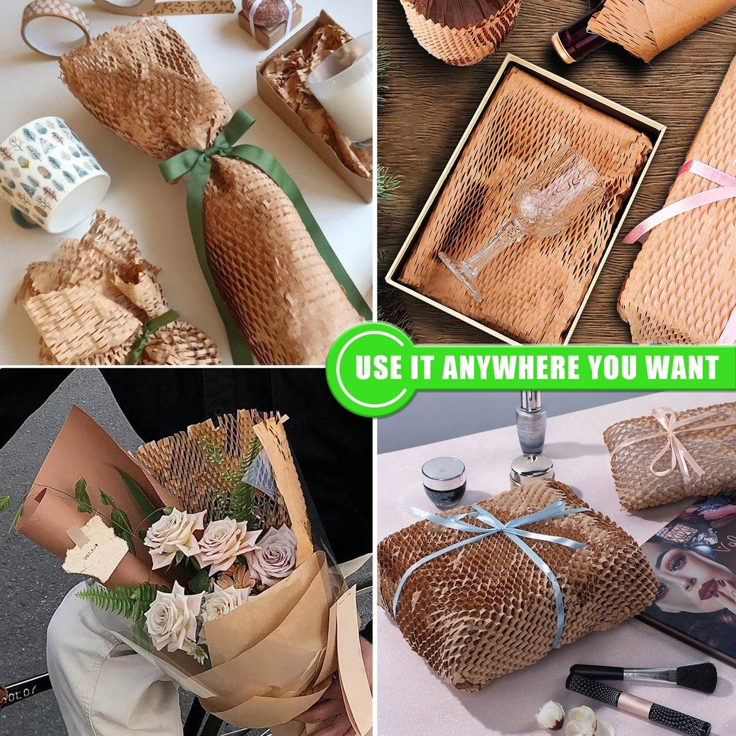 Honeycomb Packing Paper, MINHAO 15"x500' Eco Friendly Packing Paper for Moving Recyclable Honeycomb Paper Moving Supplies Bubble Paper Wrapping Protective Roll, With 36 Fragile Sticker Labels