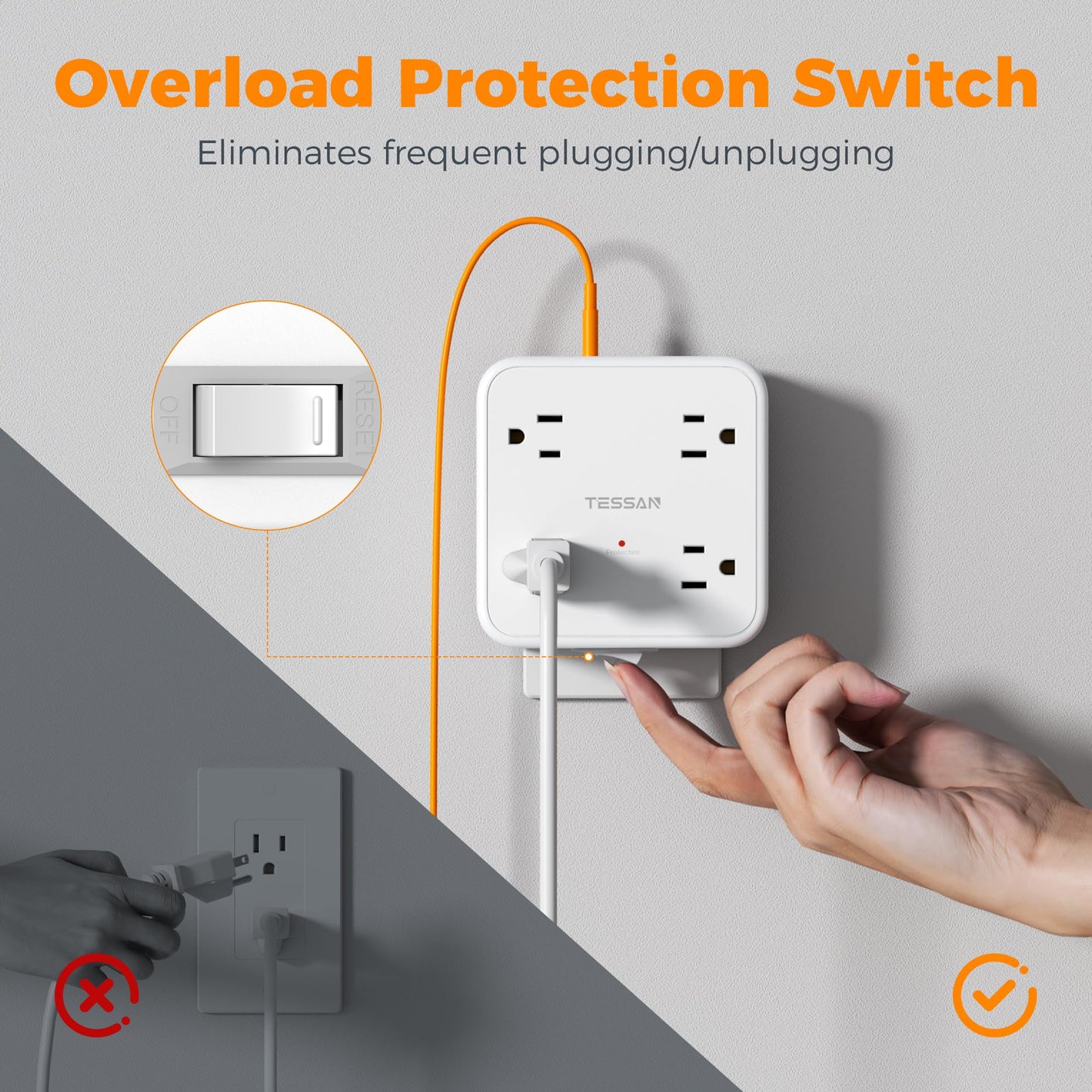 Multi Plug Outlet Extender, TESSAN 900J Surge Protector Plug Extension Block, 8 Outlet Splitter with 3 USB Ports (1 USB C), Electrical Socket for Home Office Dorm Room Essentials, White