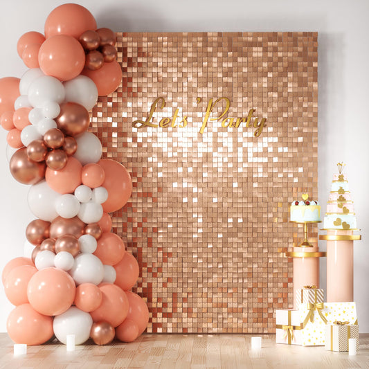 COKAOBE Rose Gold Shimmer Wall Backdrop, 24PCS Square Sequin Shimmer Backdrop Panels, Photo Backdrops for Birthday, Anniversary Wedding Engagement Decoration