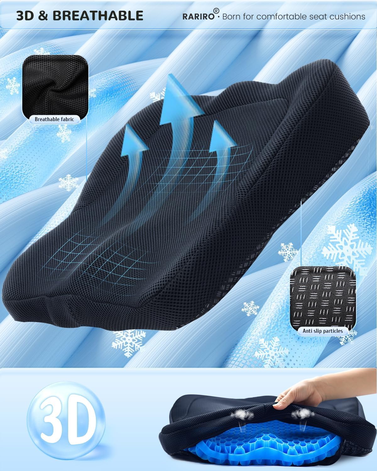 Thickened Gel Seat Cushion, Chair Seat Pads for Wheelchair, Gel Cushion Seat for Pressure Coccyx Sciatica Pain Relief, Egg Cushion for Car Office Chair, Cooling Cushion for Long Sitting[Blue-2.75"]