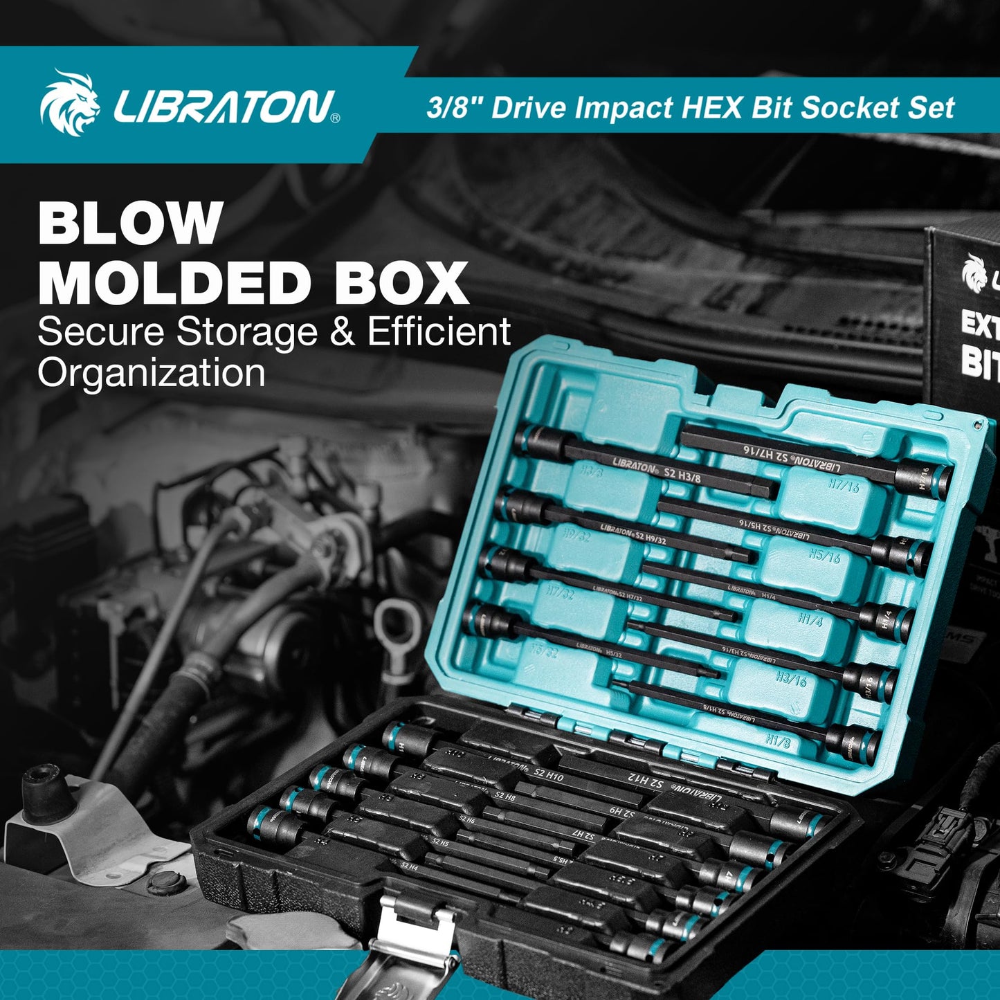 LIBRATON 3/8" Drive Long Impact Hex Bit Socket Set, Allen Bit Sockets, S2 Steel Hex Head Sockets, 20PCS Allen Wrench Socket, SAE&Metric Allen Bit Socket Set, 6" Long Allen Key Sockets, Blow Molded Box