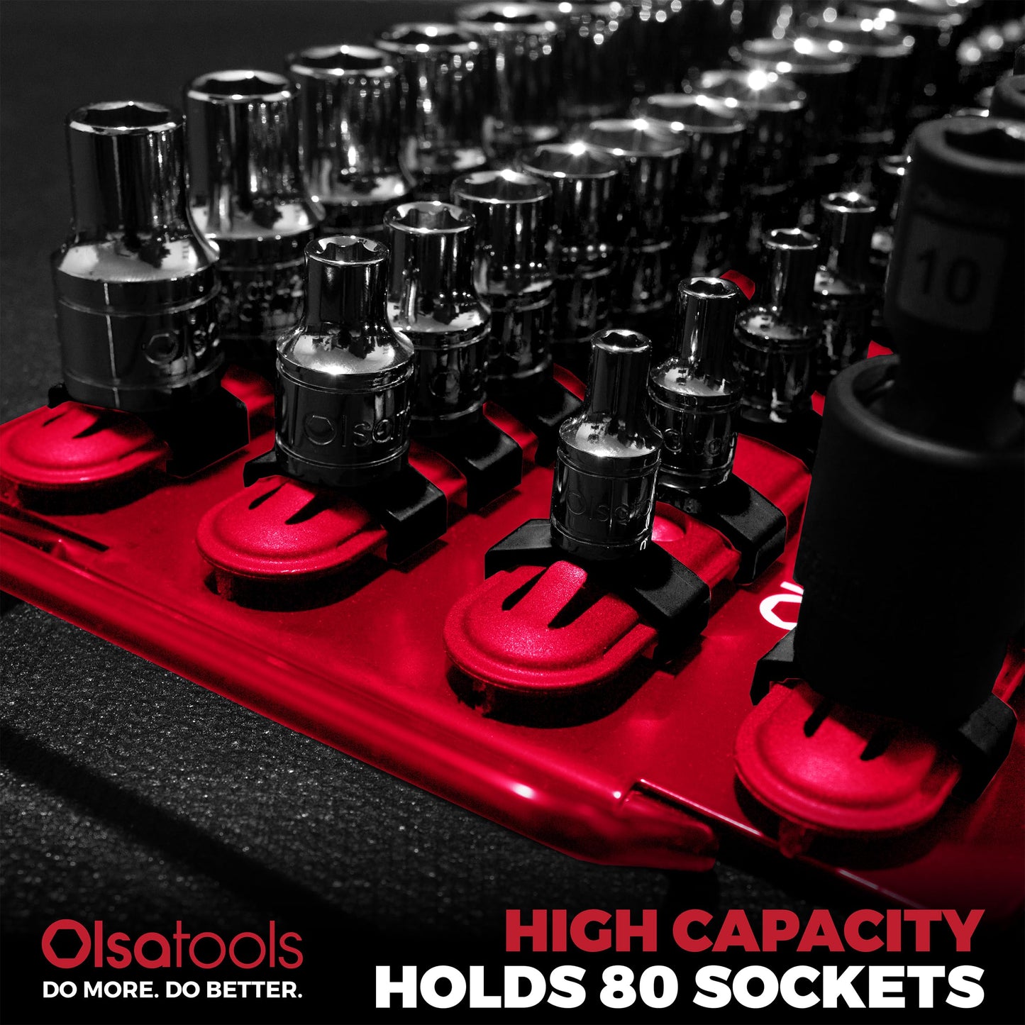 Olsa Tools Socket Organizer Tray - Red Rails with Black Clips - Holds up to 80 Sockets - Professional Tool Storage Rack - Part: 1047