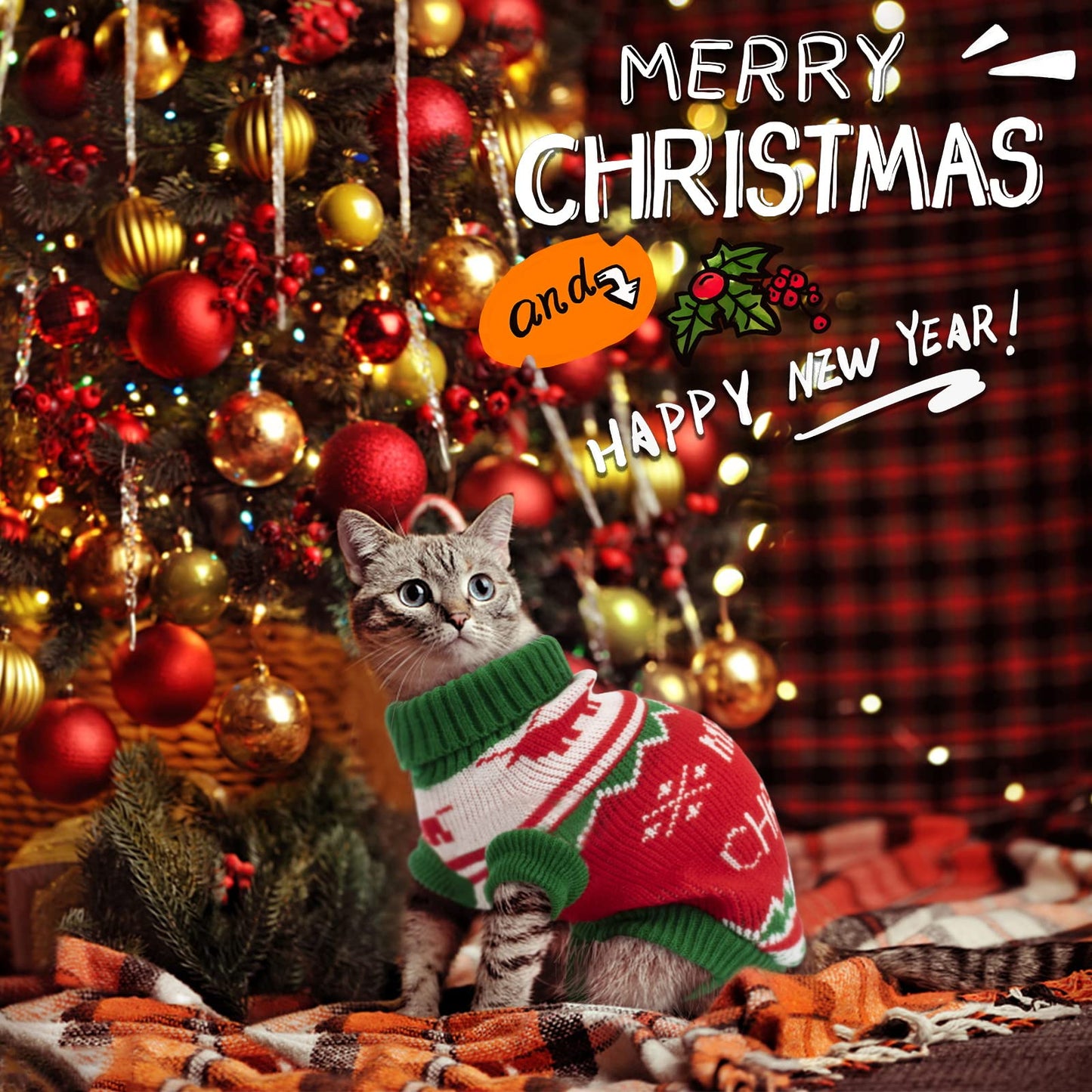 BWOGUE 2 Packs Cat Christmas Sweater Christmas Dog Sweaters Pet Cat Winter Knitwear Warm Clothes Pet Reindeer Snowflake Merry Christmas Pet Sweaters for Kittys and Small Dogs, X-Large