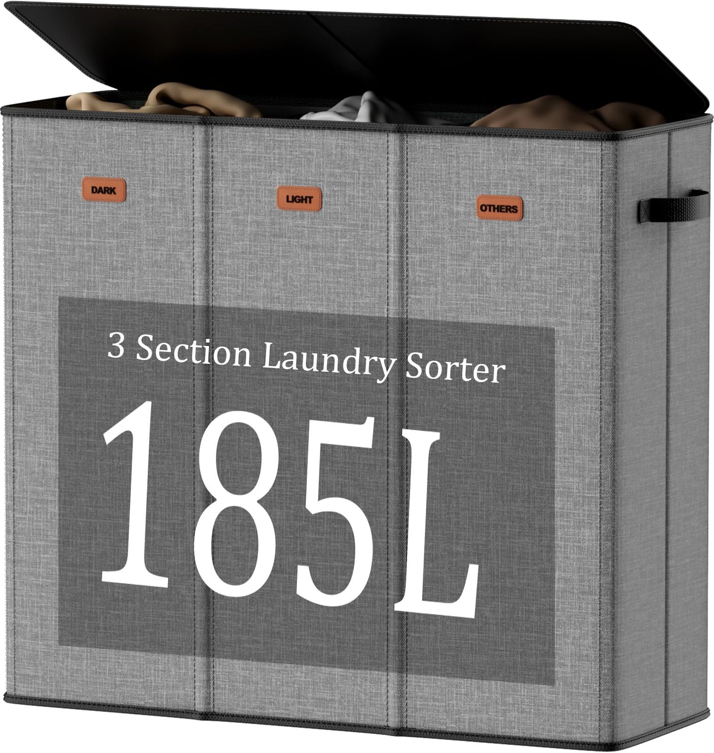 Fuonsyn 185L Laundry Hamper 3 Section with Lid, Grey Hamper 3 Compartment with 3 Removable Laundry Bags, Large Laundry Basket for Bedroom, Laundry Room, Dorm