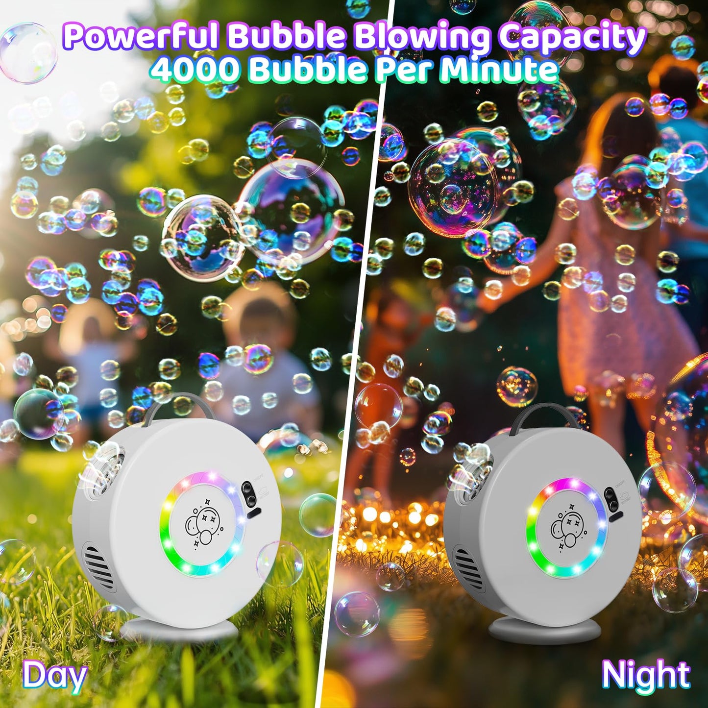 Bubble Machine for Kids Toddlers,Automatic Bubble Blower Rechargeable, 90° 360° Auto Rotatable Portable Bubble Maker Toy for 3 4 5 Year Old, Outdoor Wedding Party Birthday Gifts (White with Light)