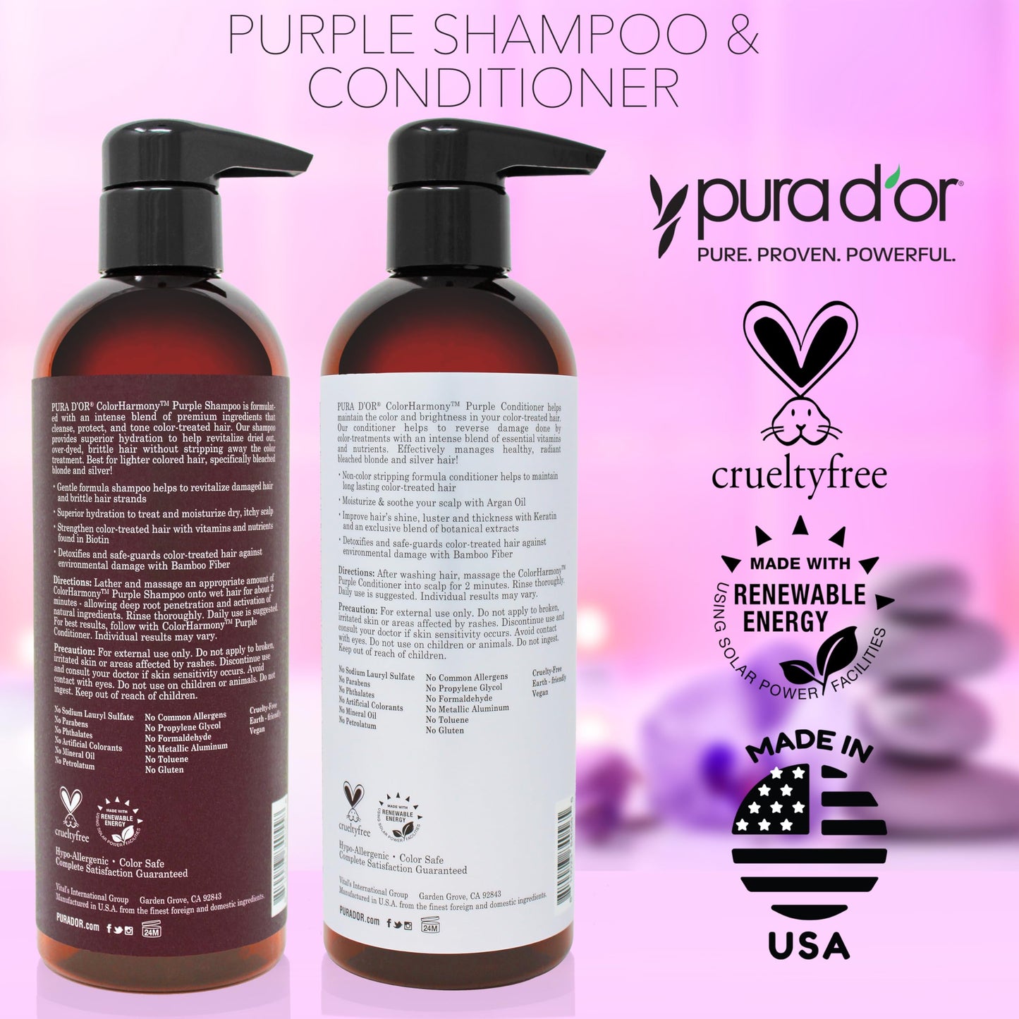 PURA D'OR Professional Grade Purple Biotin ColorHarmony Shampoo & Conditioner Set (16oz x 2) Blonde, Silver & Color Treated Hair - Keratin, Bamboo Fiber, Sulfate Free, Natural Ingredients: Men & Women