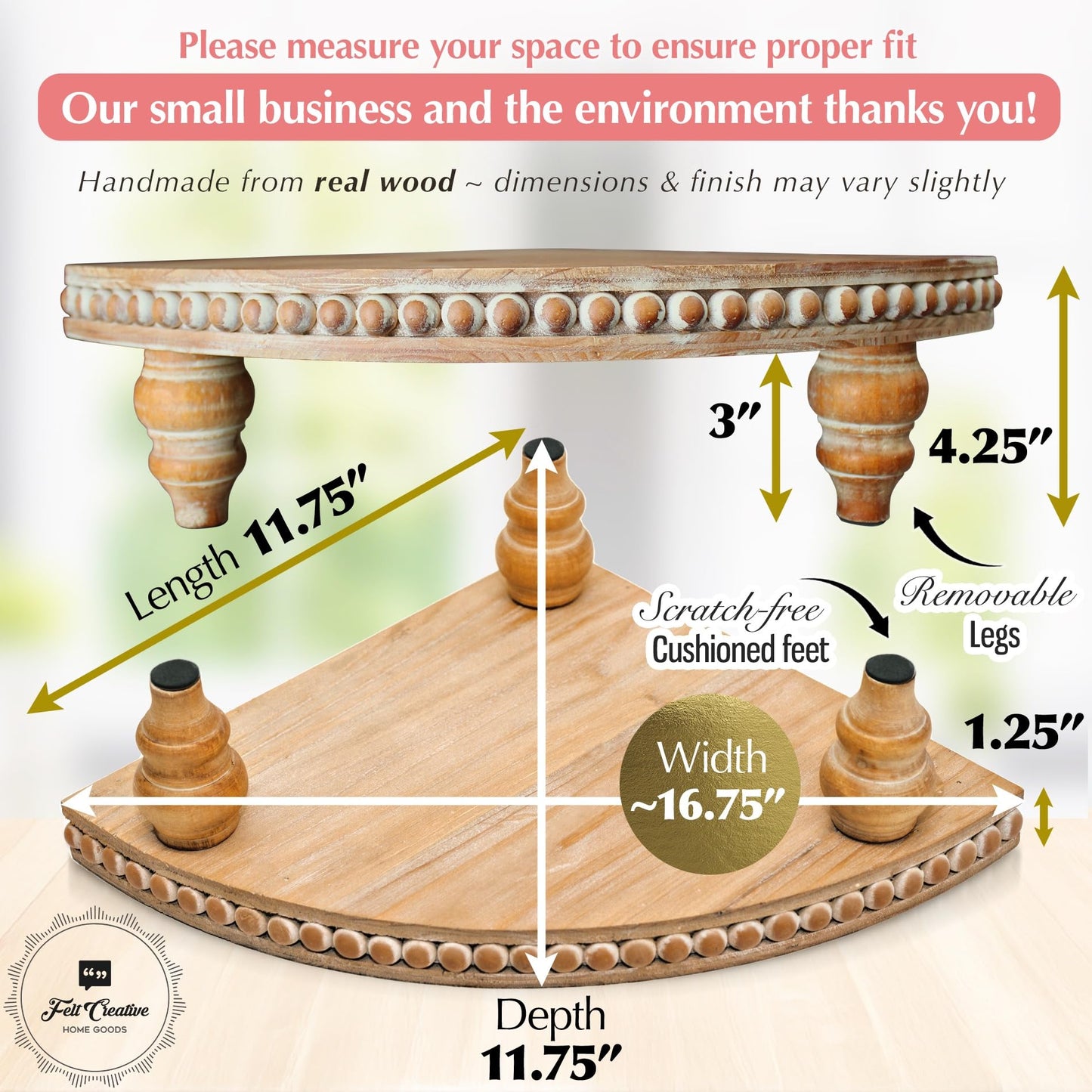 Farmhouse Corner Shelf Stand [with Removable Feet] - Bathroom Countertop Organizer, Decorative Tray Riser, Beaded Wooden Tray, Corner Tray Plant Stand, Coffee Bar Organizer for Kitchen Countertop