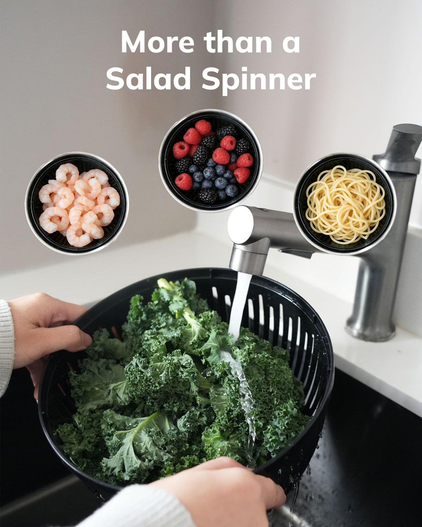 LokRoad Stainless Steel Salad Spinner, 5.3 Qt Large Lettuce & Vegetable Cleaner with Non-Slip Bottom, Quick Stop Button, Dishwasher Safe Fruit Washer, BPA-free, Black