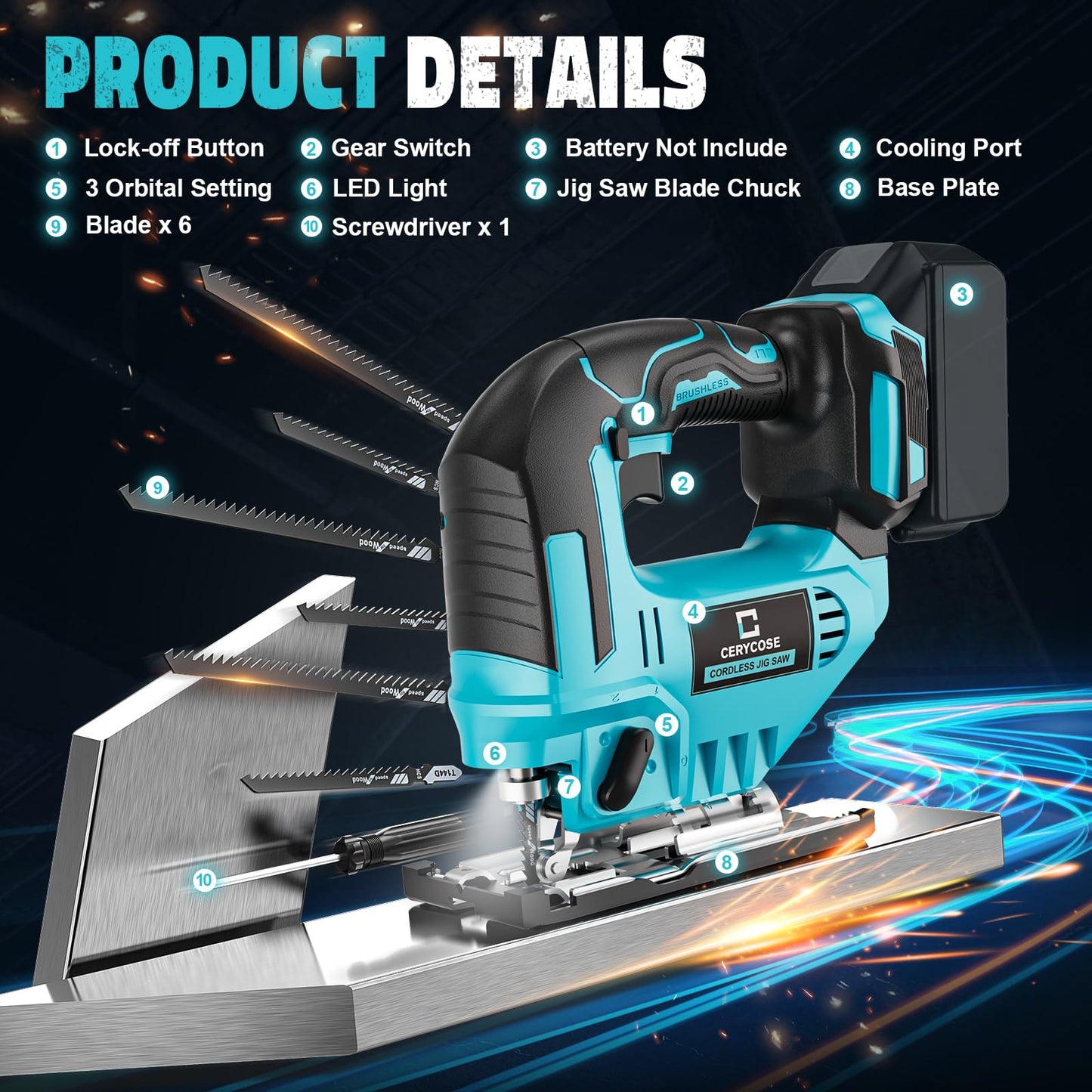 Cerycose Jig Saw Compatible with Makita 18V Battery, Cordless Jigsaw Tool Brushless Motor, Variable Speed, Bevel Angle (0°-45°), LED Light with 3 Position Orbital Setting(No Battery)