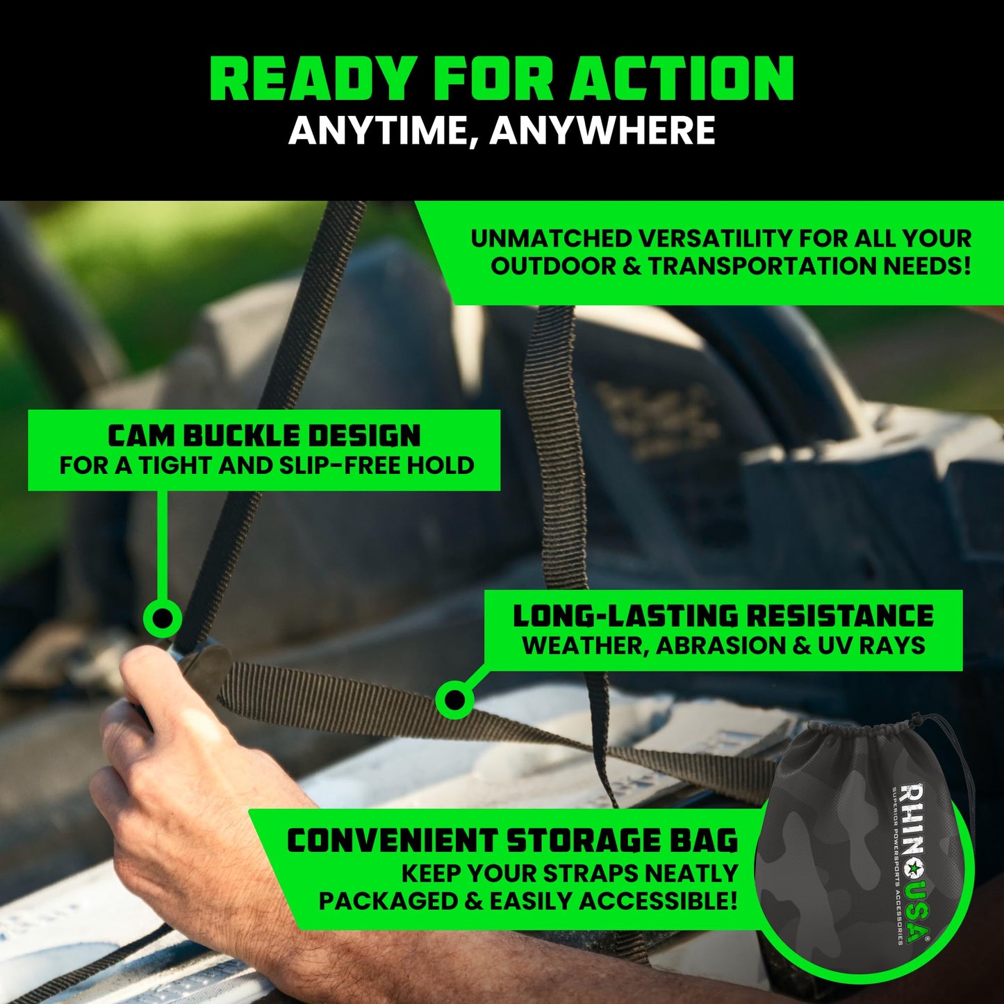 Rhino USA Lashing Tie Down Straps (4PK) - 1,320lb Guaranteed Max Break Strength, Includes (4) Heavy Duty 1in x 12ft Cam Buckle Pull Straps. Best for Securing Cargo, Kayak, Cooler, Roof Rack, Etc
