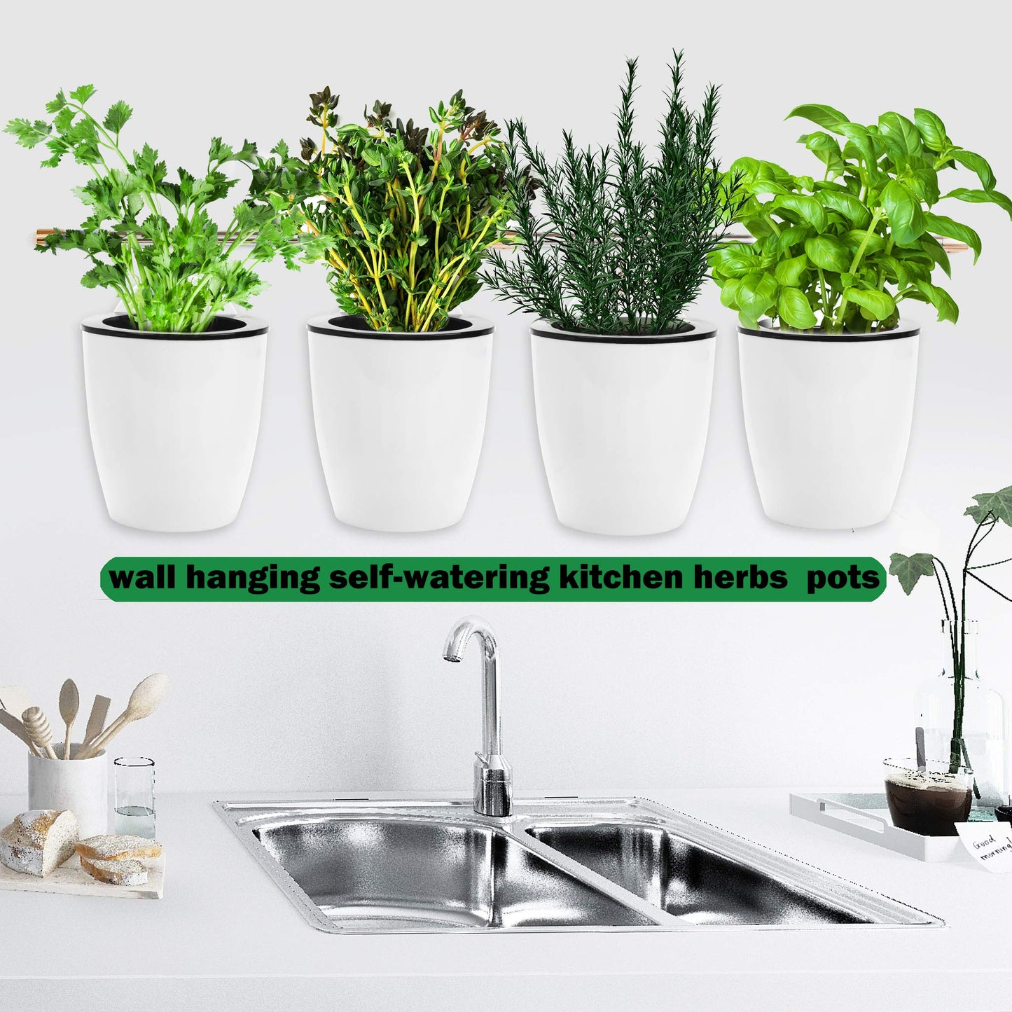 6 Pack Hanging Planter Pots Self Watering Vertical Garden Wall Mount Window Hang Round Plastic Container Indoor Outdoor for Plants Flowers Succulent Kitchen Living Herbs Holder Decor Decoration White
