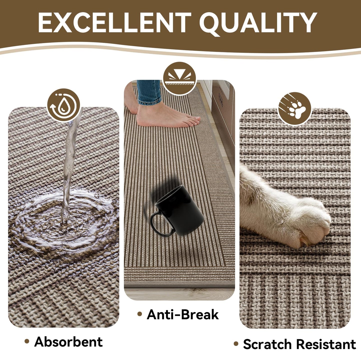 Kitchen Mats for Floor, 17''x30''+17''x59''Kitchen Rugs Set of 2, Washable Non Slip Absorbent Kitchen Mat, Braided Kitchen Runner Rug, Kitchen Sink Rug, Brown