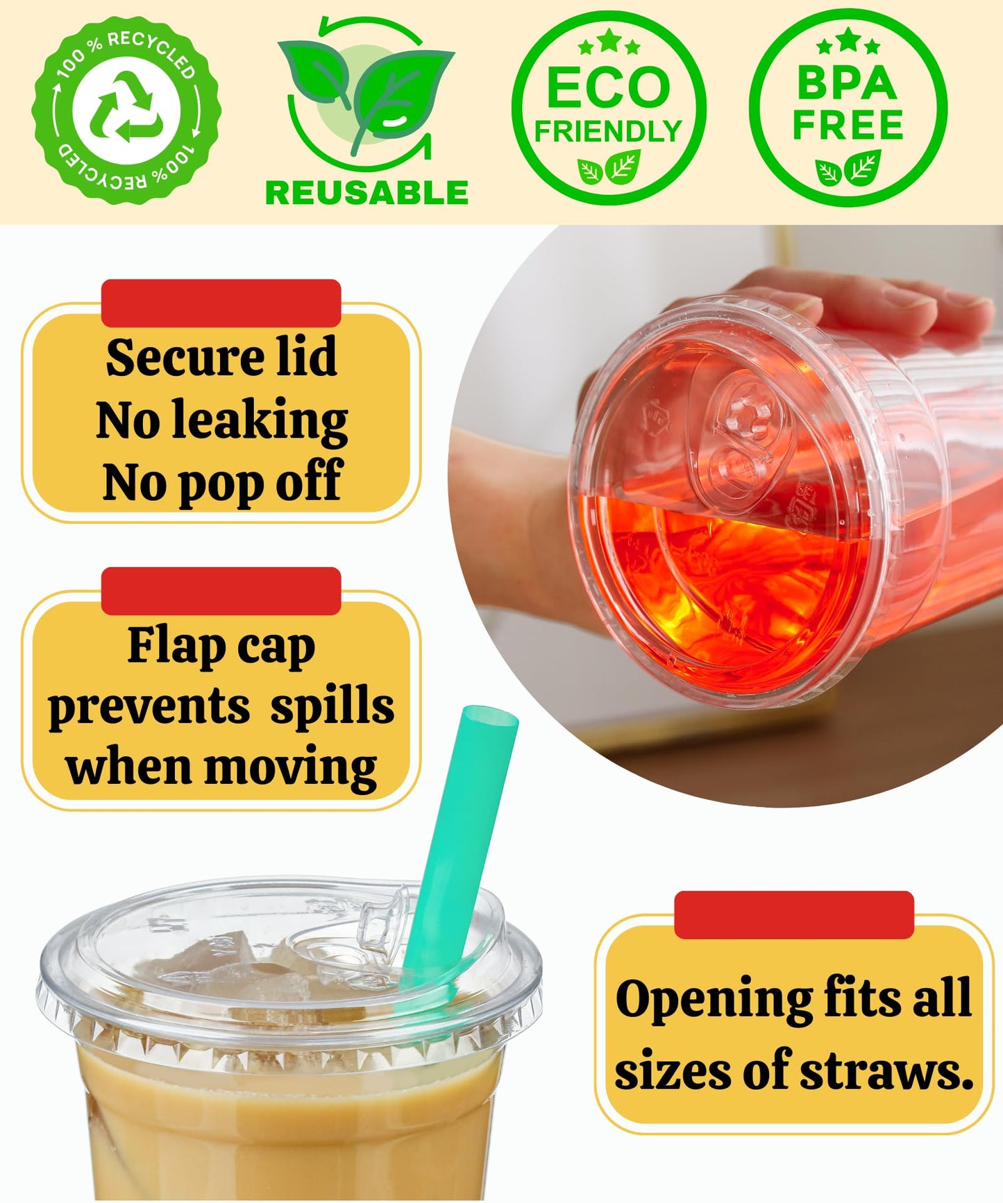 Aestleaf 32 oz Clear Plastic Cups with Lids, 25 Sets Disposable Plastic Iced Coffee Cups with Strawless Sip-Lids, To Go Coffee Cup for Smoothie, Milkshake, Cold Drinks