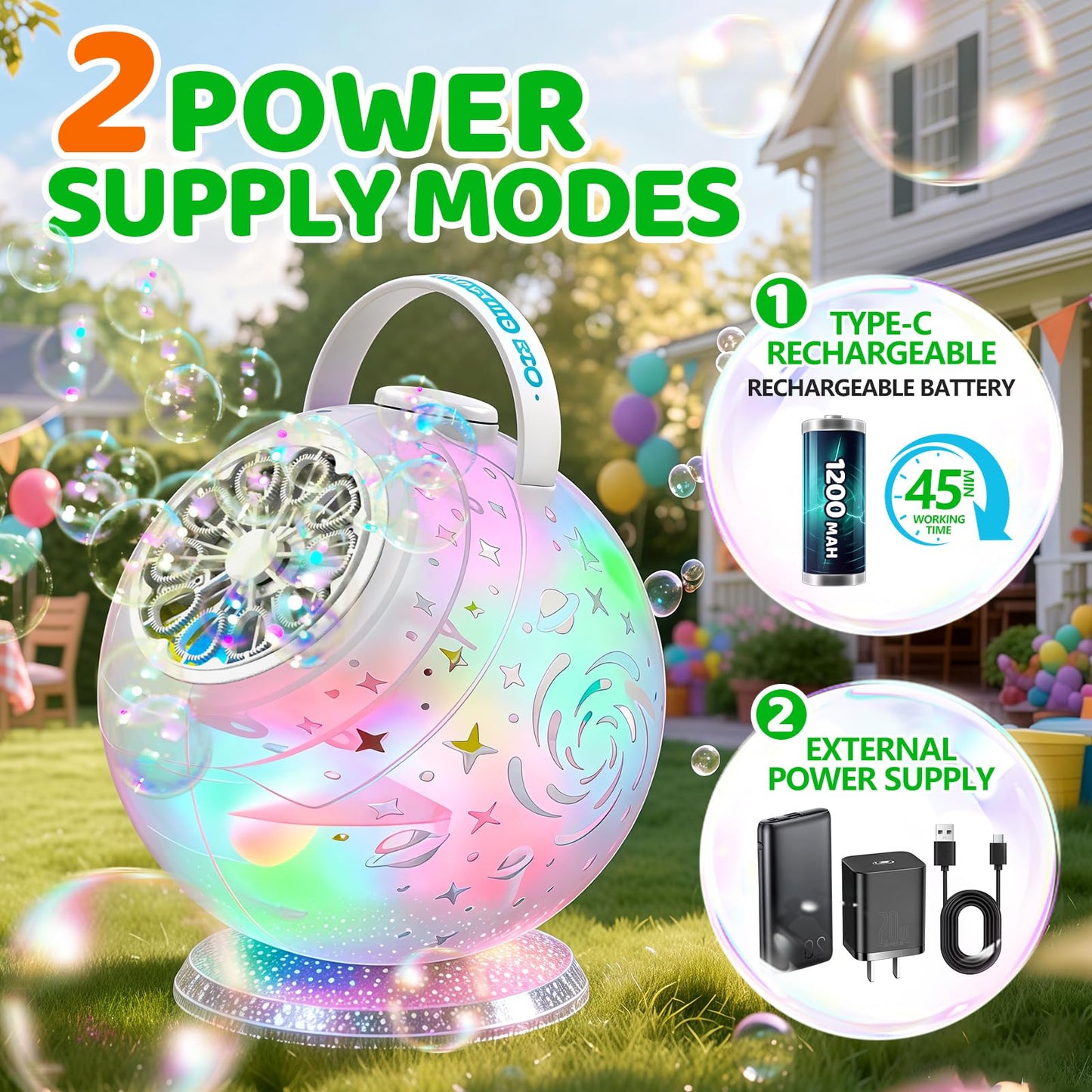 Bubble Machine, Rechargeable Bubble Blower with Remote Control, 10-Hole Bubble Maker for Kids, 7-Color Lights, 90°/360° Rotation, USB-C Charging, Outdoor Toys Gift for Boys Girls Parties, Birthday