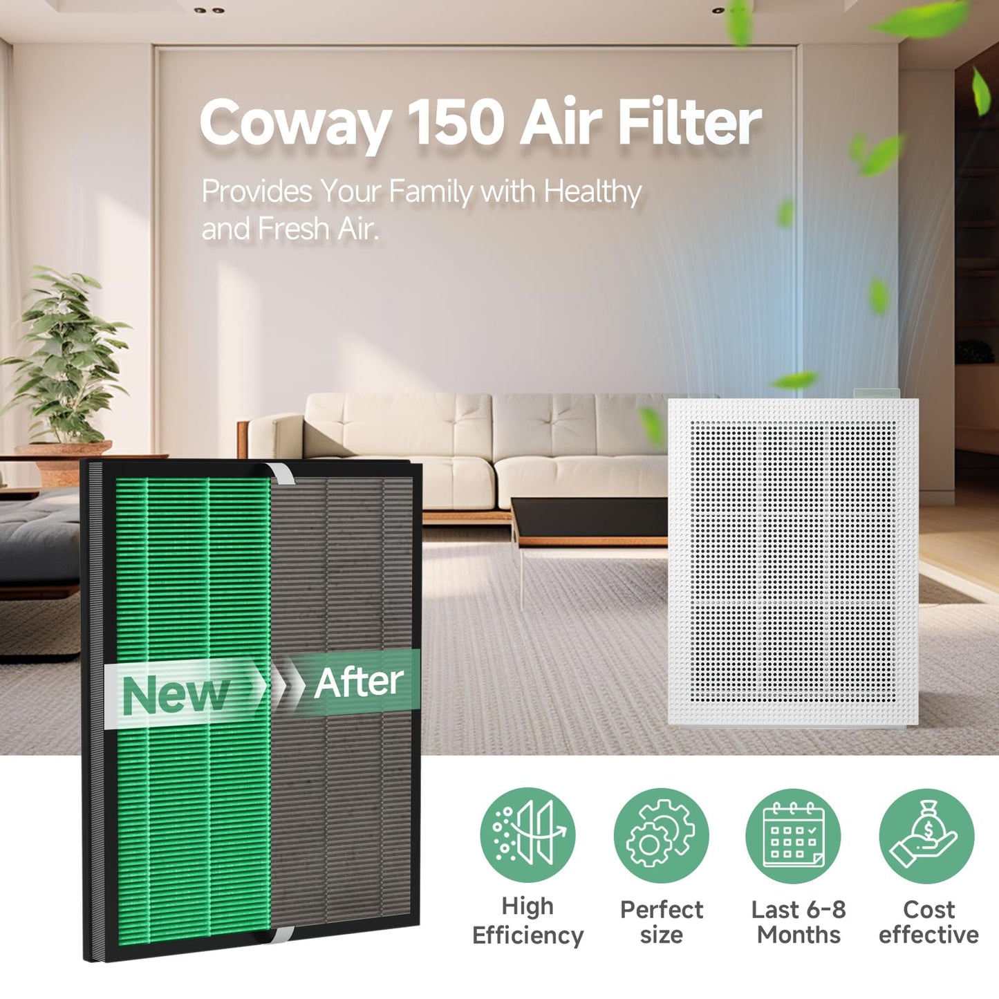 SAKEGDY Model 150 Replacement Filter Set for Coway Airmega 150 Air Purifier, 3 Green True HEPA and 9 Activated Carbon Filters, Part # AP-1019C-FP