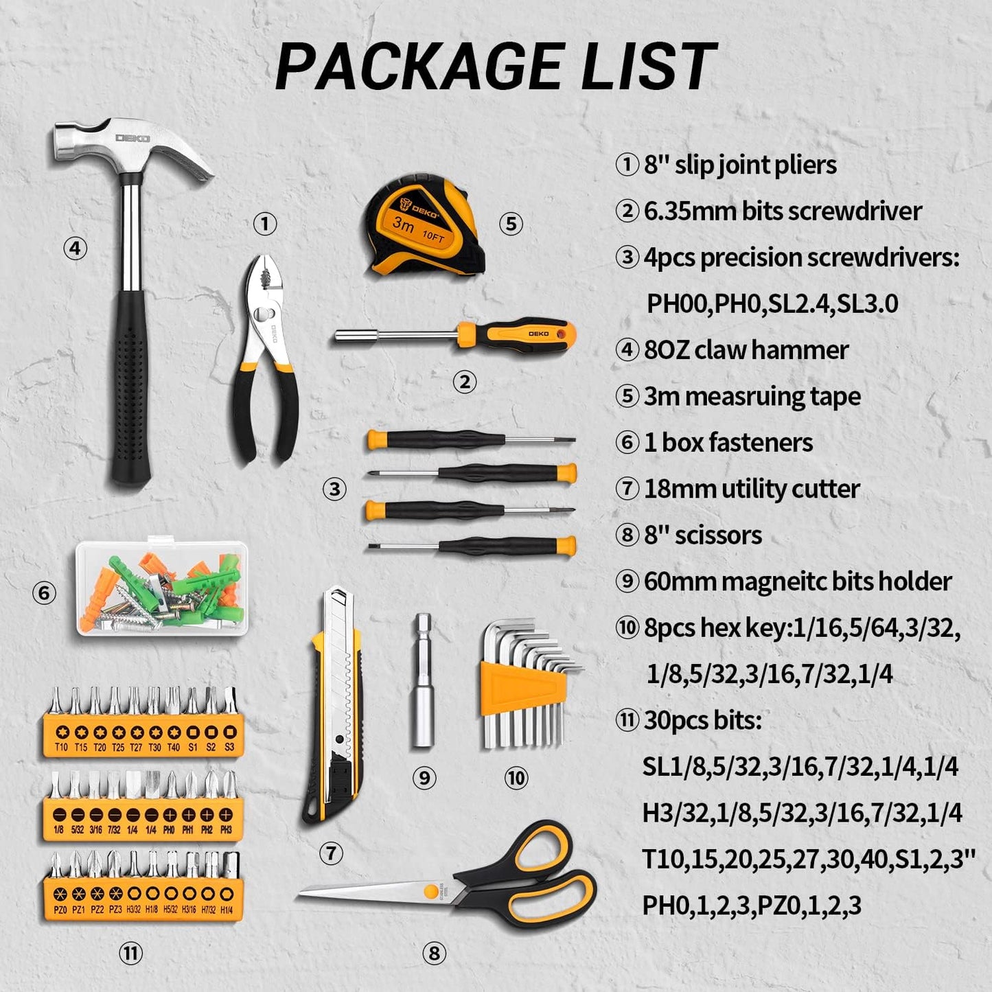 DEKOPRO 50 Piece Tool Set General Household Hand Tool Kit with Plastic Toolbox Storage Case All Purpose Home Tool Kit Includes Essential Tools for Office College Repairs