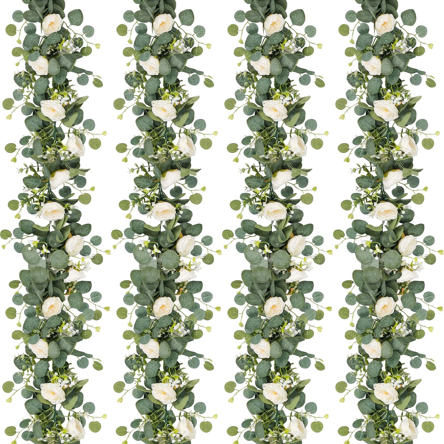 TOCHGREEN 4 Pack 24Ft Artificial Eucalyptus Flower Garland with White Roses, Fake Rose Flower Greenery Garland Floral Vines for Wedding Home Party Room Table Runner Decor (4PCS, White)
