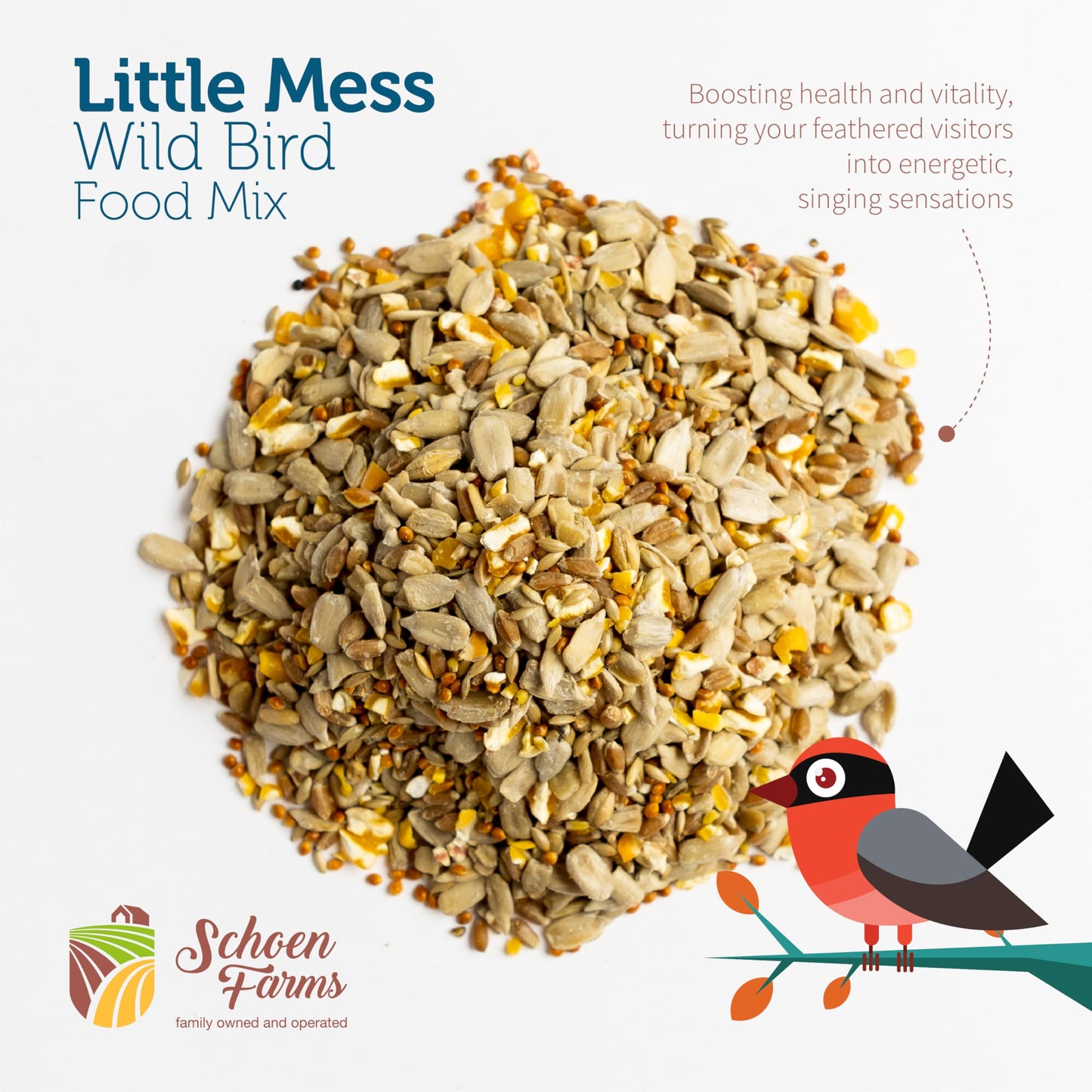 Schoen Farms Little Mess Wild Bird Food Mix – 4.54 kg Bag – Clean, No-Waste Seed Blend for Finches, Jays & Cardinals – with Sunflower Hearts & Millet – Canadian Grown