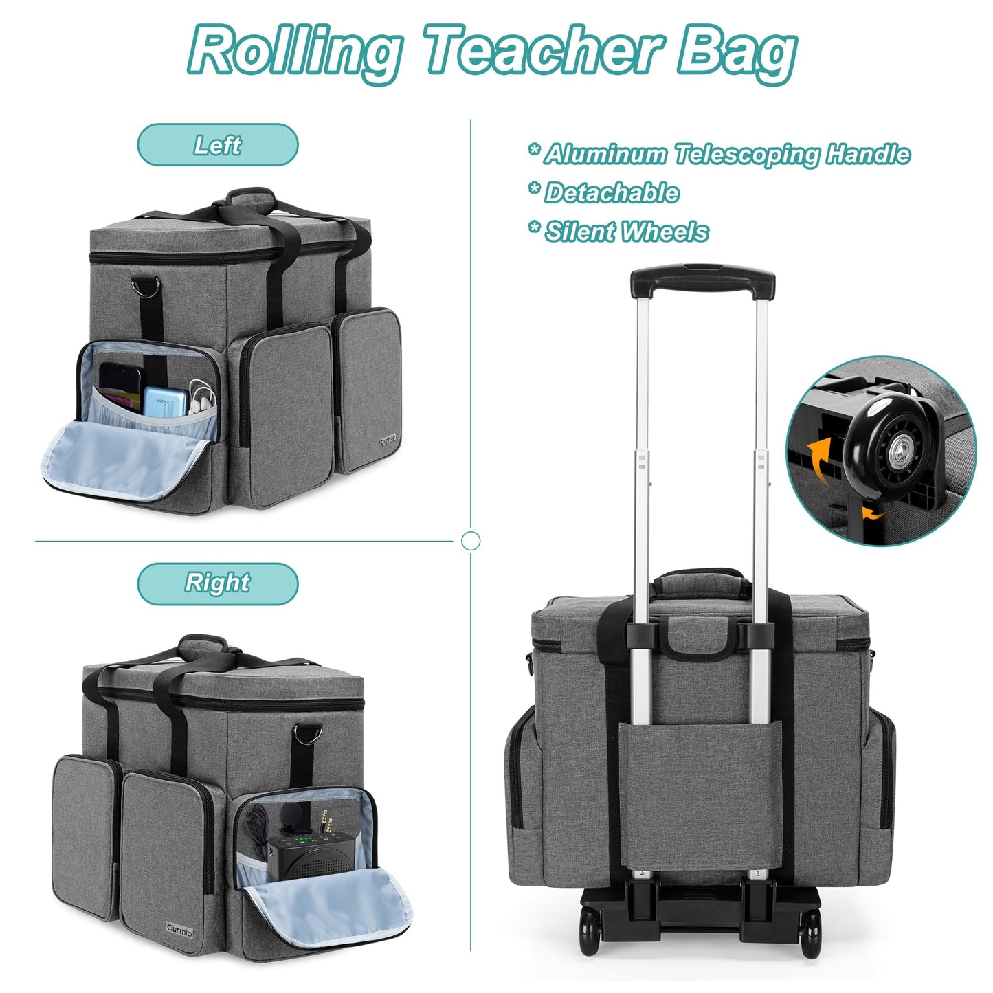 CURMIO Rolling Teacher Tote Bag with Padded Laptop Compartment for up to 15.6 Inches Laptop, Wheeled Teacher Bag for Teaching, Office, Craft or Tutoring Supplies, Gray