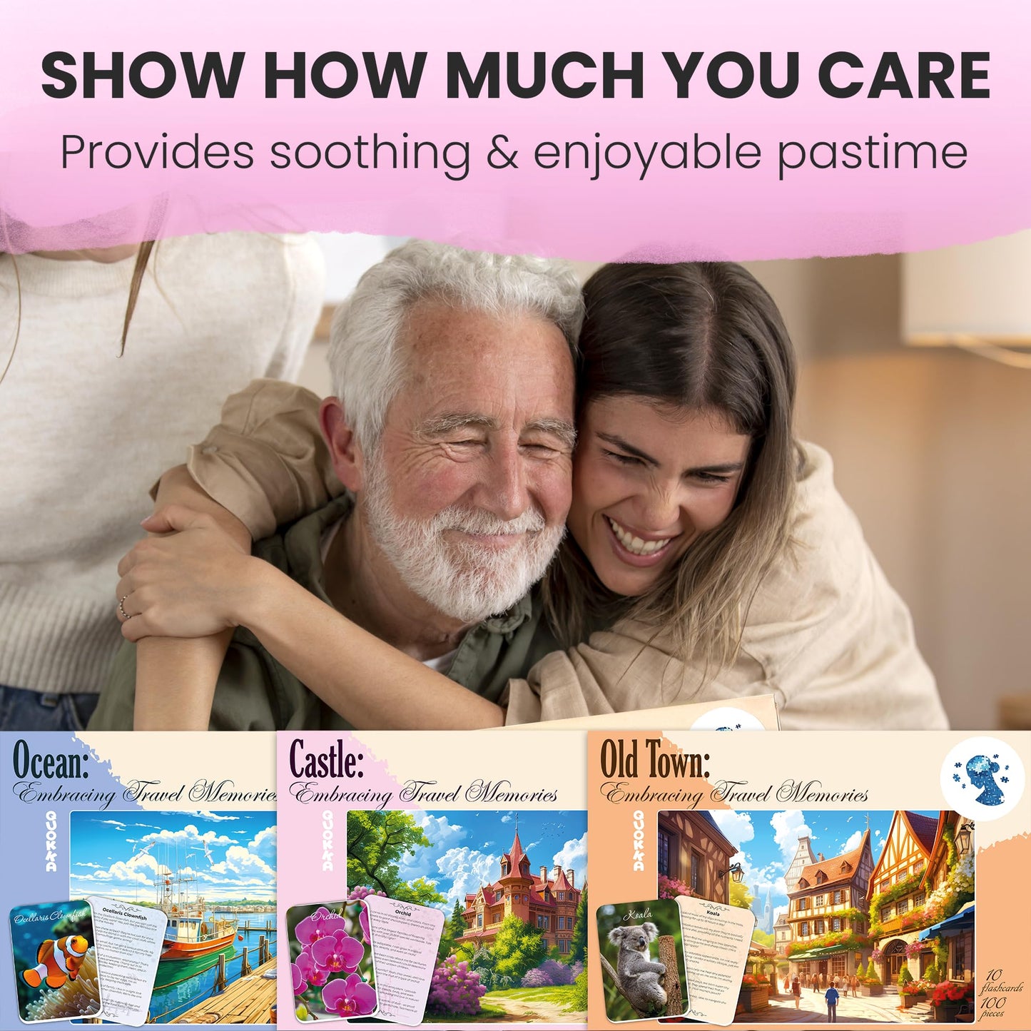 QUOKKA 100 Pieces Dementia Puzzles for Elderly - Large Piece Activities Products for Seniors - 3 Alzheimers Jigsaw Puzzle Games for Adults Embracing Travel Memories - Cognitive Gifts for Men and Women