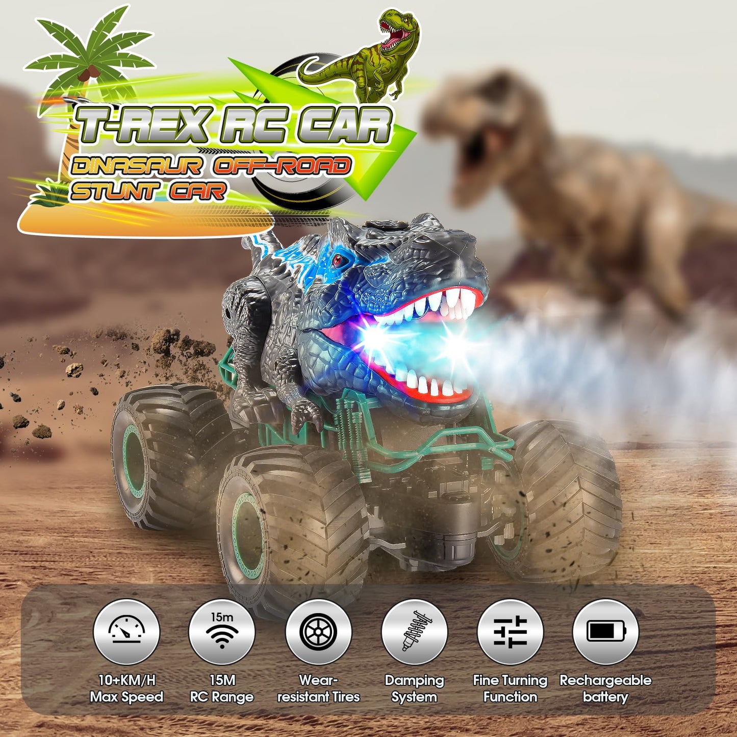 Dinosaur Toys Monster Trucks for Kids, Chardfun Remote Control Cars for Kids Age 3-10 Dinosaur Monster Toys for Boys 4-7 with Light & Sound Spray Stunt Car for Kids Easter Gifts for Kids Boys
