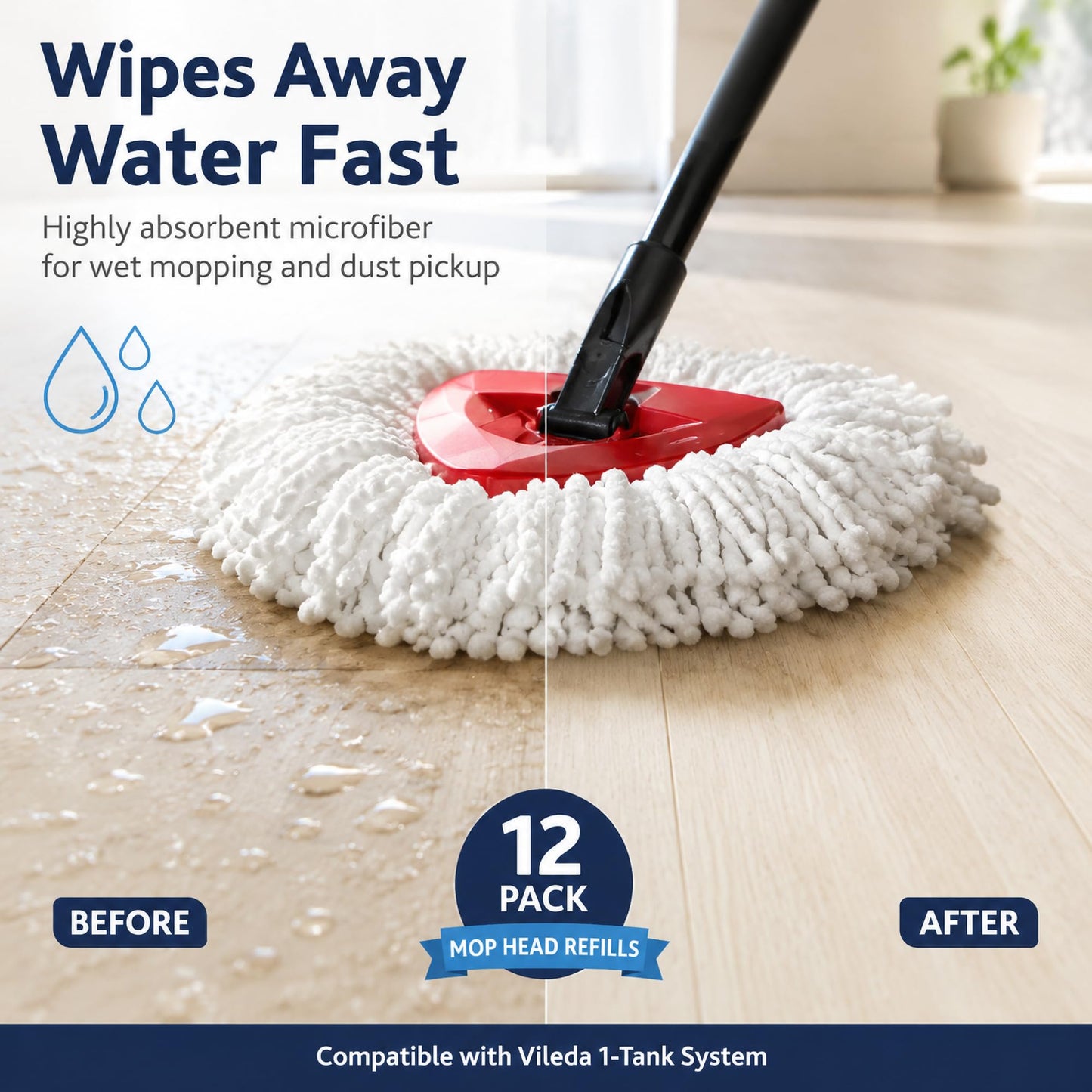 Bibikulala 12 Pack Spin Mop Head Refills Compatible with Vileda Mop Head 1-Tank System, Mop Heads Replacement for for Wet Mopping & Dry Dusting, Machine Washable
