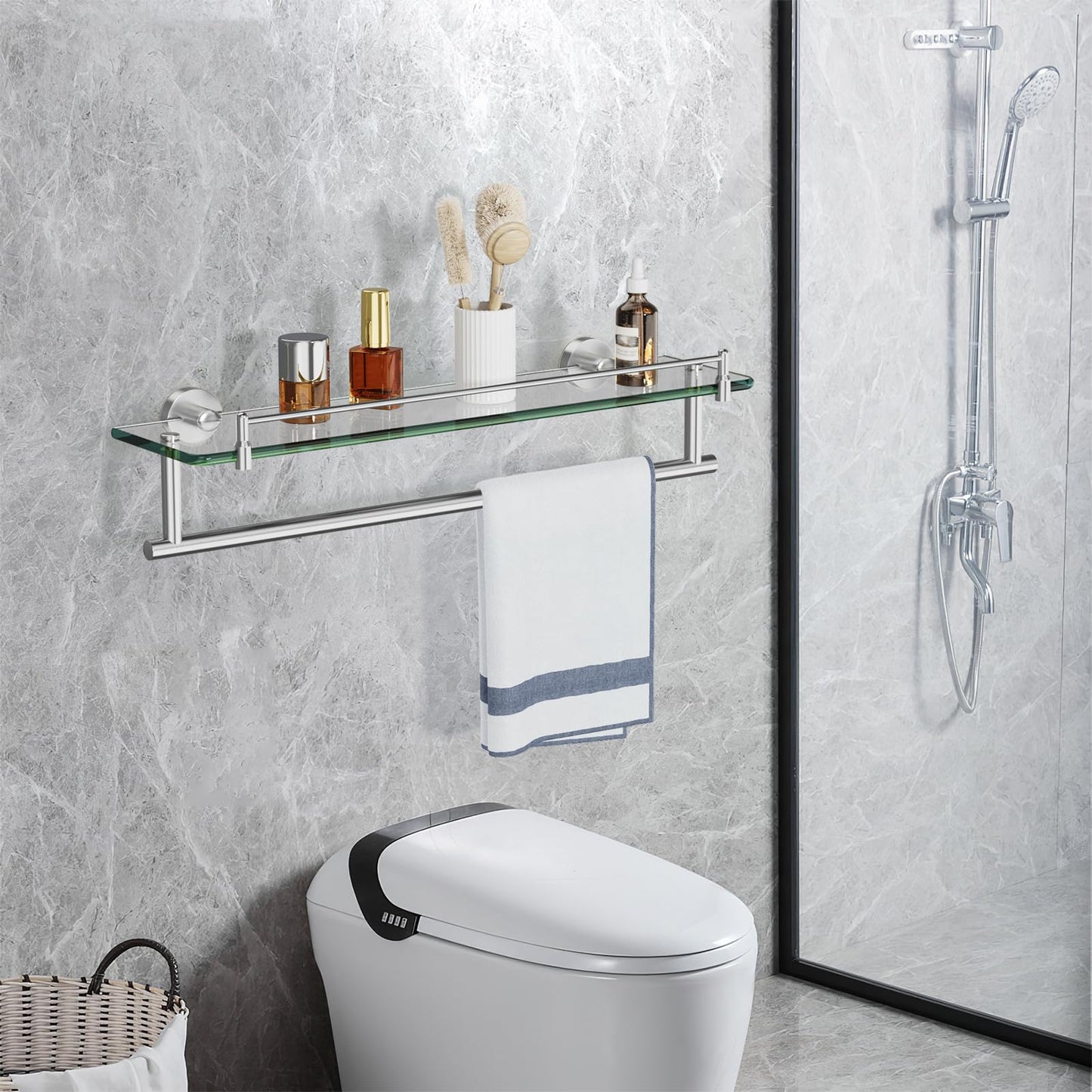 KOCOK 20" Tempered Glass Bathroom Shelf with Towel Bar, Brushed Nickel and Stainless Steel, Rustproof Tower Stand with Shelves
