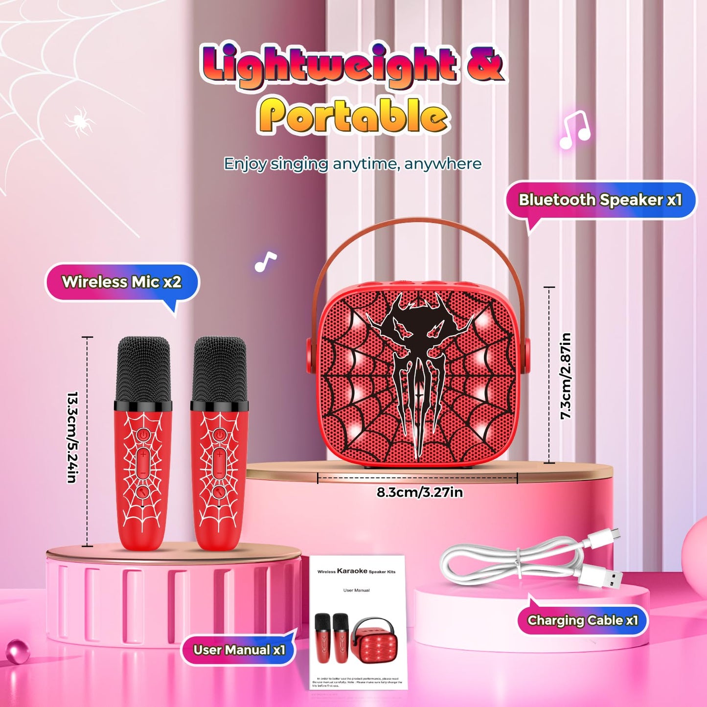 Spider Mini Karaoke Machine with 2 Mic, vicia 3 4 5 6 7 8 Year Old Boy Gifts Karaoke Microphone for Kids Toys for 4-6 6-8 8-12 Year Old Boys Christmas Birthday Gifts for Boys Girls Man Adult