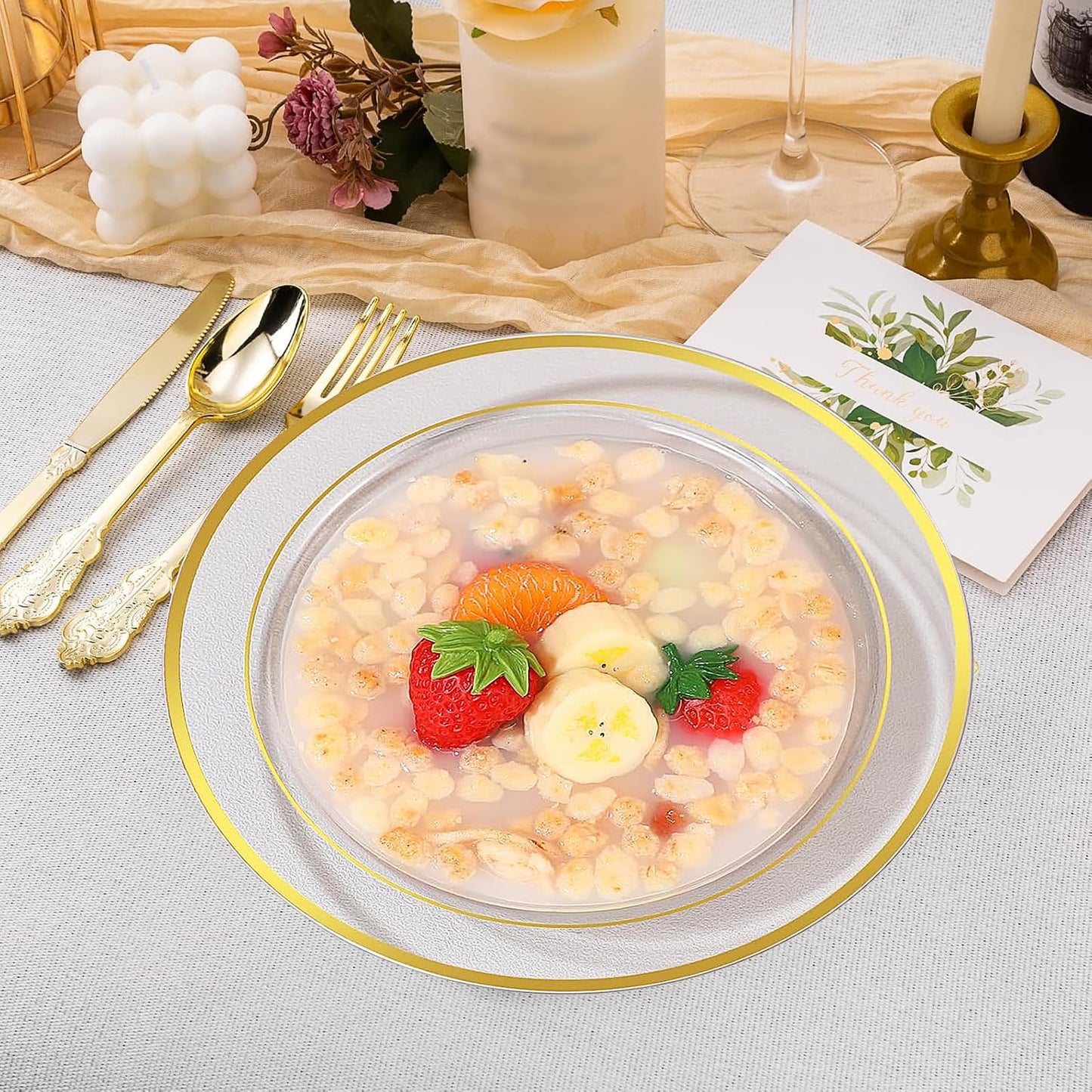 100Pcs Disposable Serving Bowls for Party, 12 oz Plastic Soup Bowls Bulk Clear Dessert Bowl with Gold Rim for Catering Holidays Dinner Wedding Party Supplies