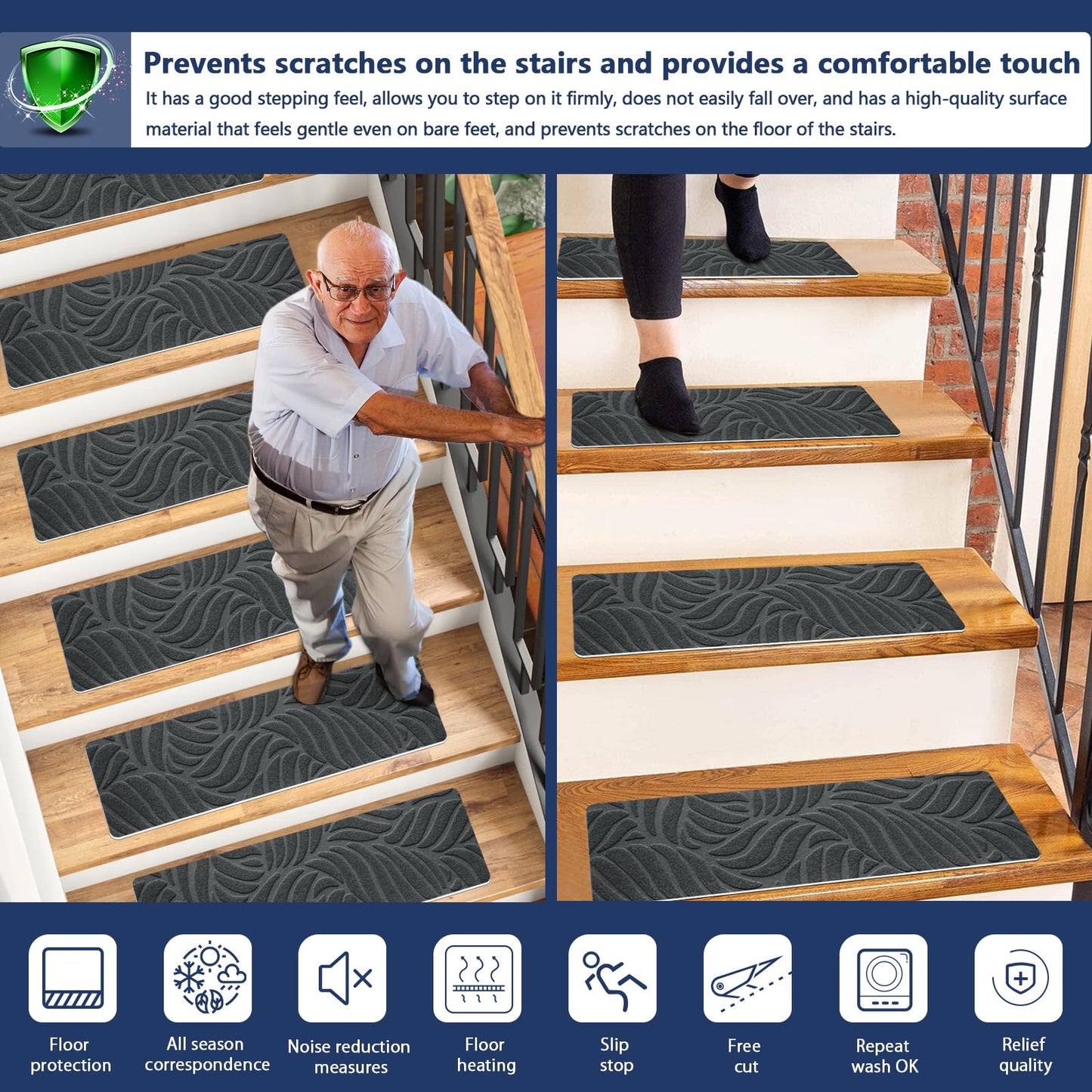 Non-Slip Stair Treads Carpet for Wooden Steps(15 Pack), 21.6 x 7.4IN Self-Adhesive Stair Treads Mat, JAYFAN Safety Indoor Stair Runner Mats, Anti Slip Stair Treads for Kids Elders and Dogs Pets