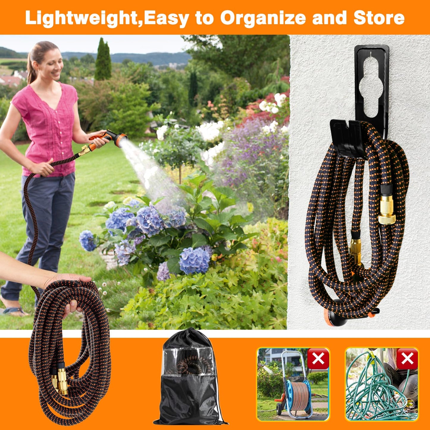 100FT Expandable Garden Hose with 10 Function Spray Nozzle,Flexible Lightweight Water Hose with 3/4”Solid Brass Fittings, Durable 4-Layers Latex,Expanding Retractable Gardening Pipe for Outdoor