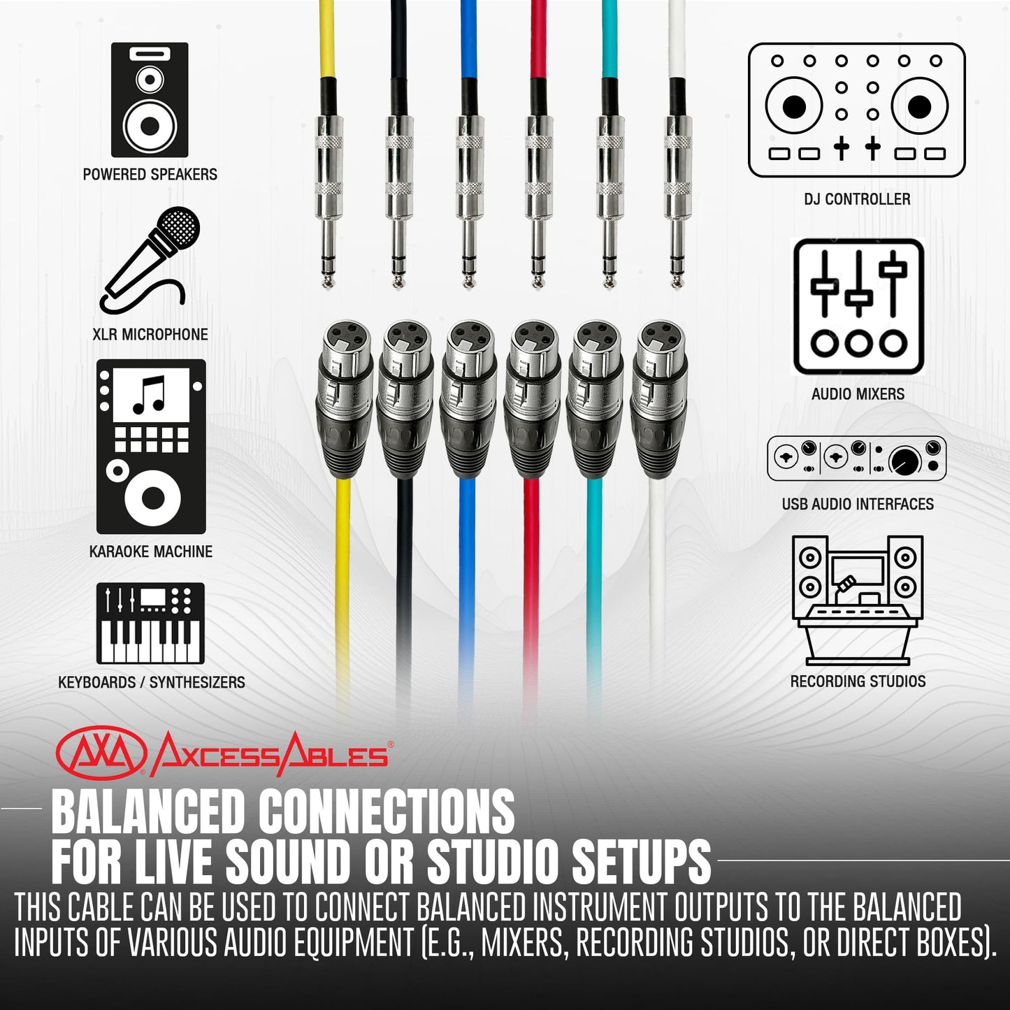 AxcessAbles XLR Female to 1/4" TRS Balanced 2ft Speaker Color Cable Pack | Balanced Speaker, Microphone Snake Cords (2ft - 6 Pack)