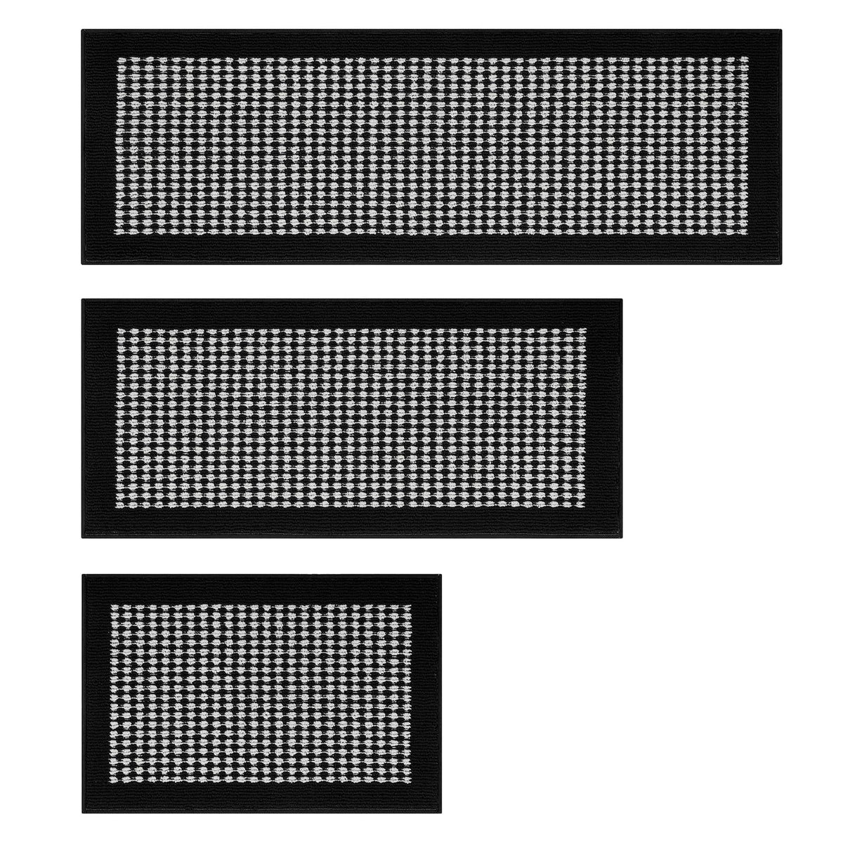 Ileading Kitchen Mat Sets 3 Piece Minimalist 3D Lattice Kitchen Floor Rugs with Non Slip Rubber Backing Machine Washable Farmhouse Runner Rugs for Laundry Hallway Doormat(Black)