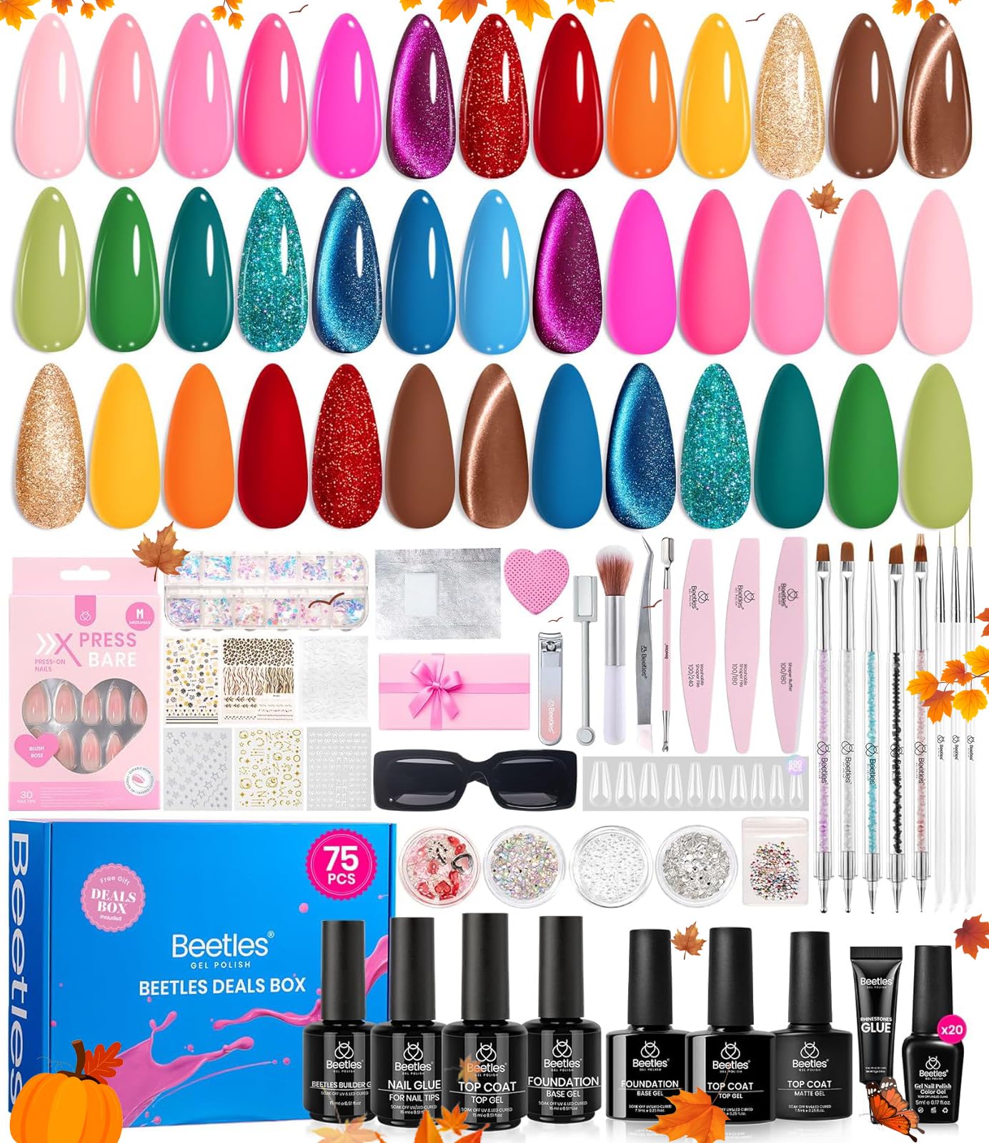 Beetles Gel Nail Polish Set - 75PCS 20 Colors Pink Blue Red Black Purple Glitter Cat Eye Base Glitter Glossy Matte Top Coat Beetles Deals Box Wandering Peace 20 Colors French Nails Gift for Women