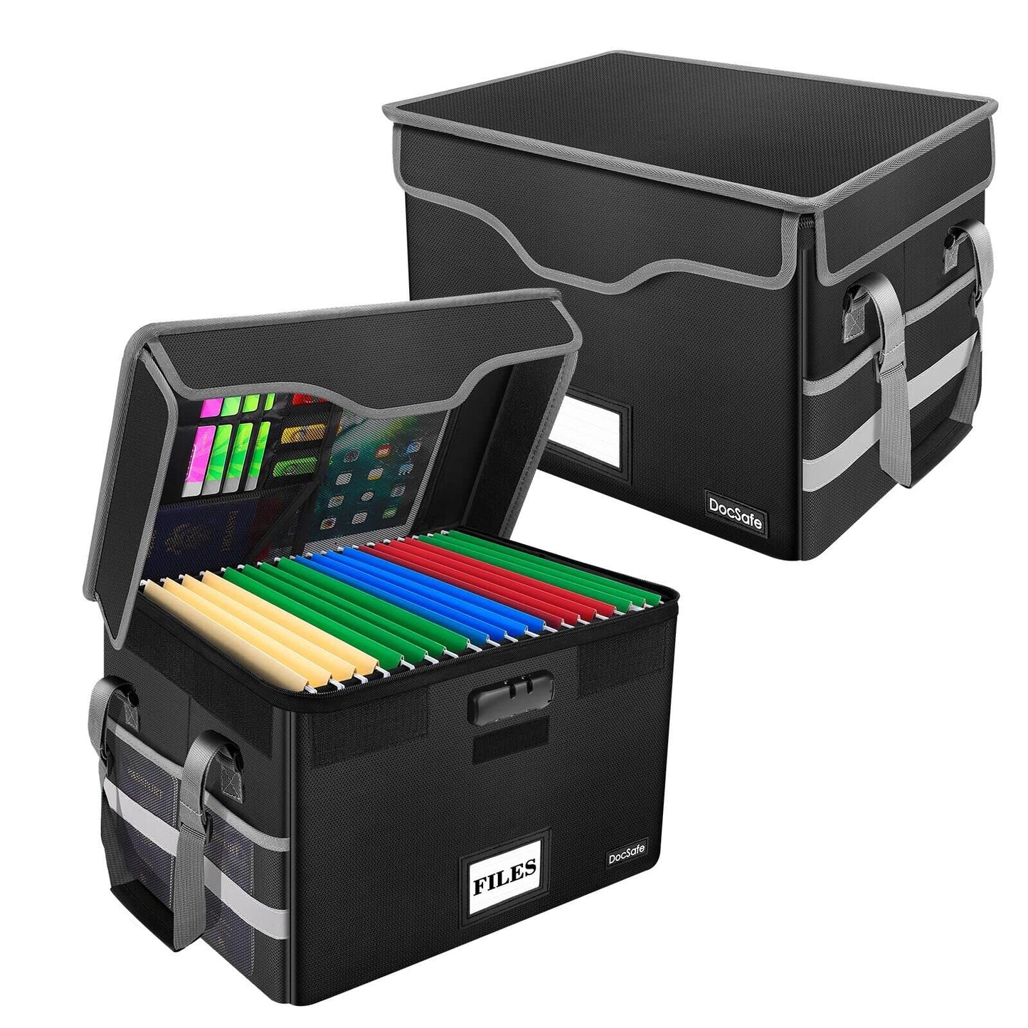 DocSafe Fireproof Document Box with Lock,File Storage Organizer with Pockets,Collapsible Portable File Box Home Office Safe Filing Cabinet with Handle for Hanging Letter/Legal Folders,Black,2 Pack