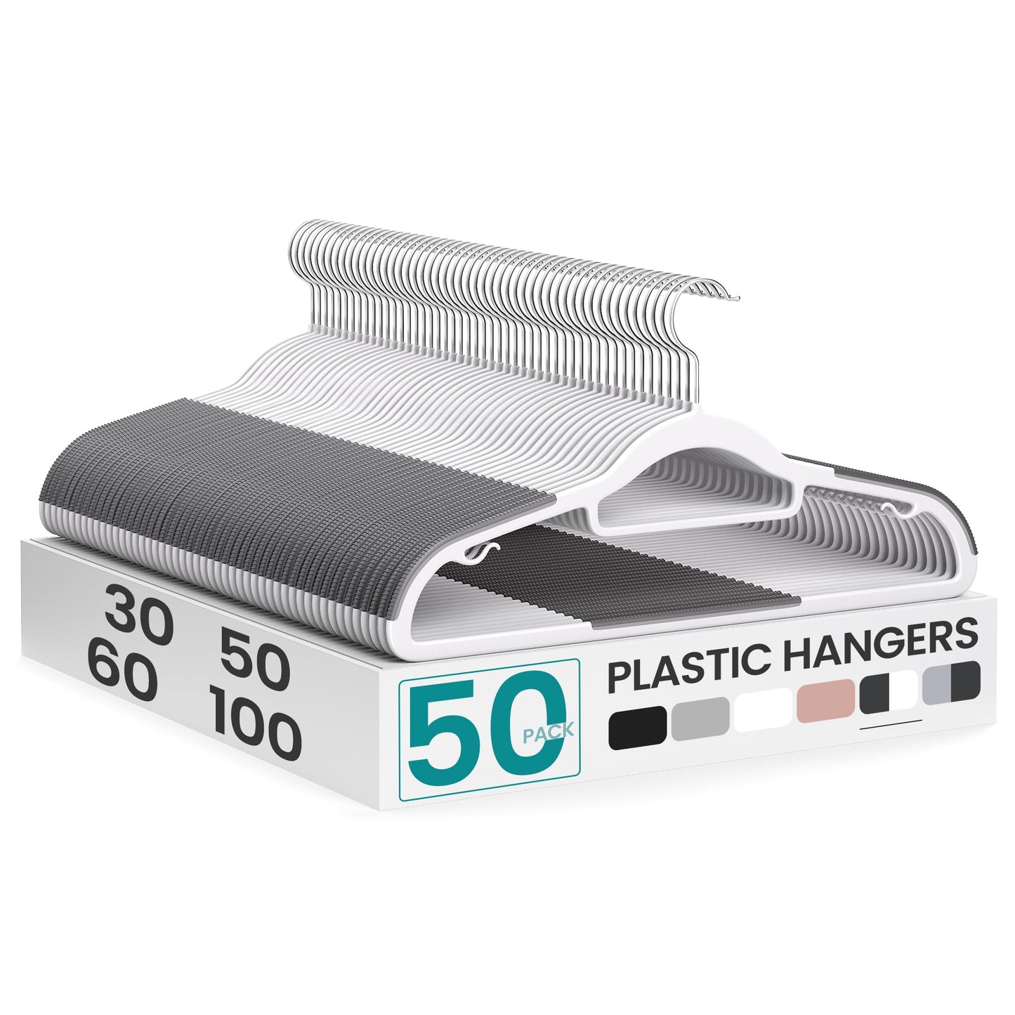 SONGMICS Pack of 50 Coat Hangers, Heavy-Duty Plastic Hangers, Clothes Hangers, White and Dark Gray UCRP020W02
