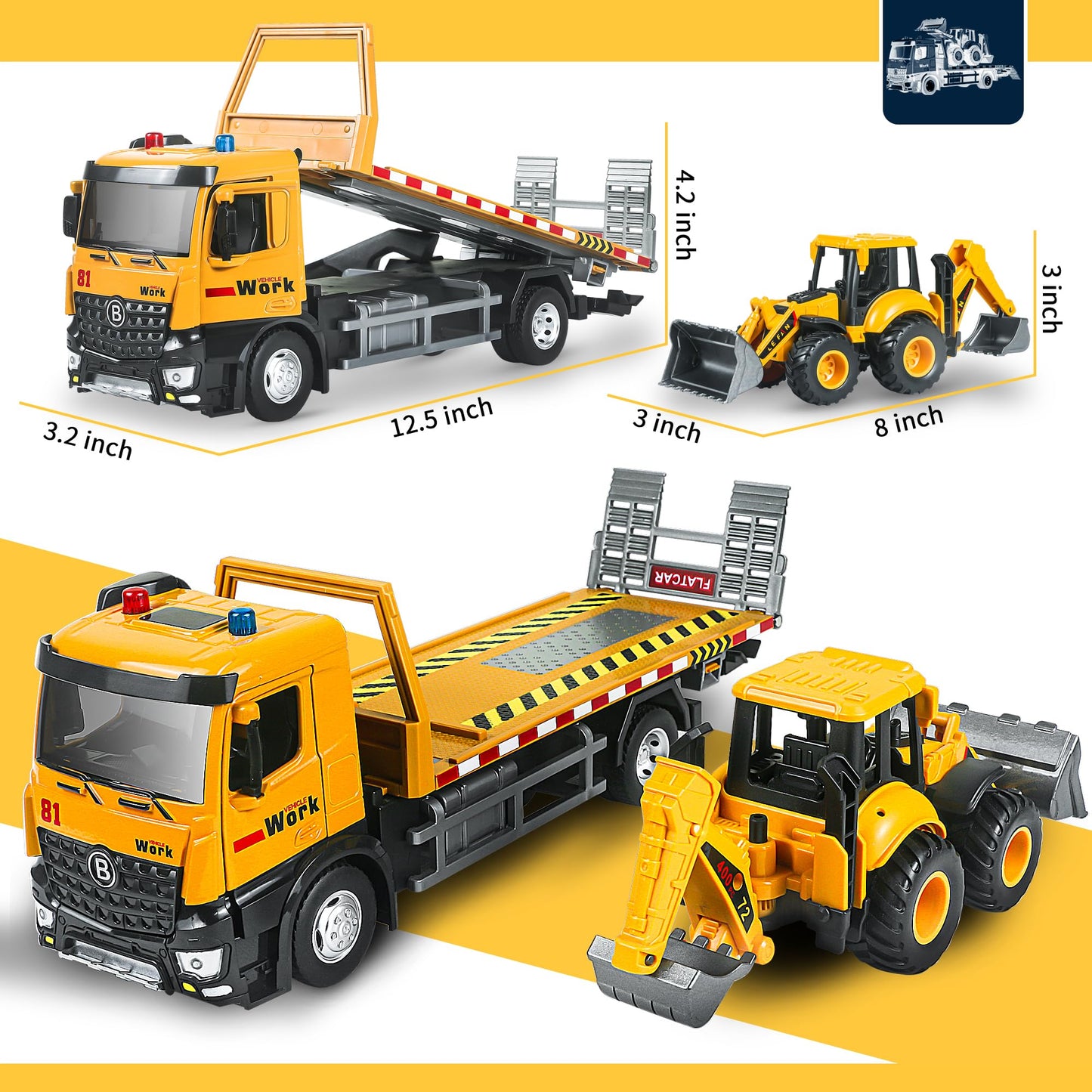 ID Gerilla Tow Truck Toy Metal Cab, Flatbed Tow Truck Toys for Boys Age 3-5 with Backhoe Loader, Friction Powered Transport Trailers with Lights, Sounds, Construction Vehicles for Kids Birthday
