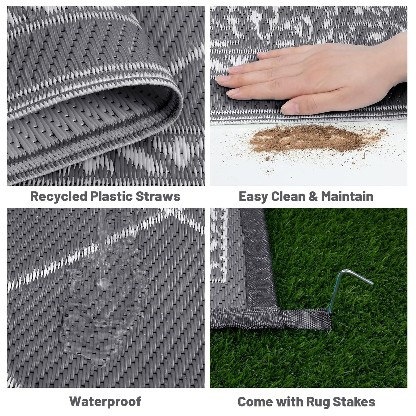 HEBE 5x8 Outdoor Rug Waterproof, Reversible Outdoor Area Rug, Portable Plastic Outside Rug Carpet, Geometric RV Camping Rug Mat for Patio Picnic Backyard Deck Balcony Porch Beach Trailer, Grey
