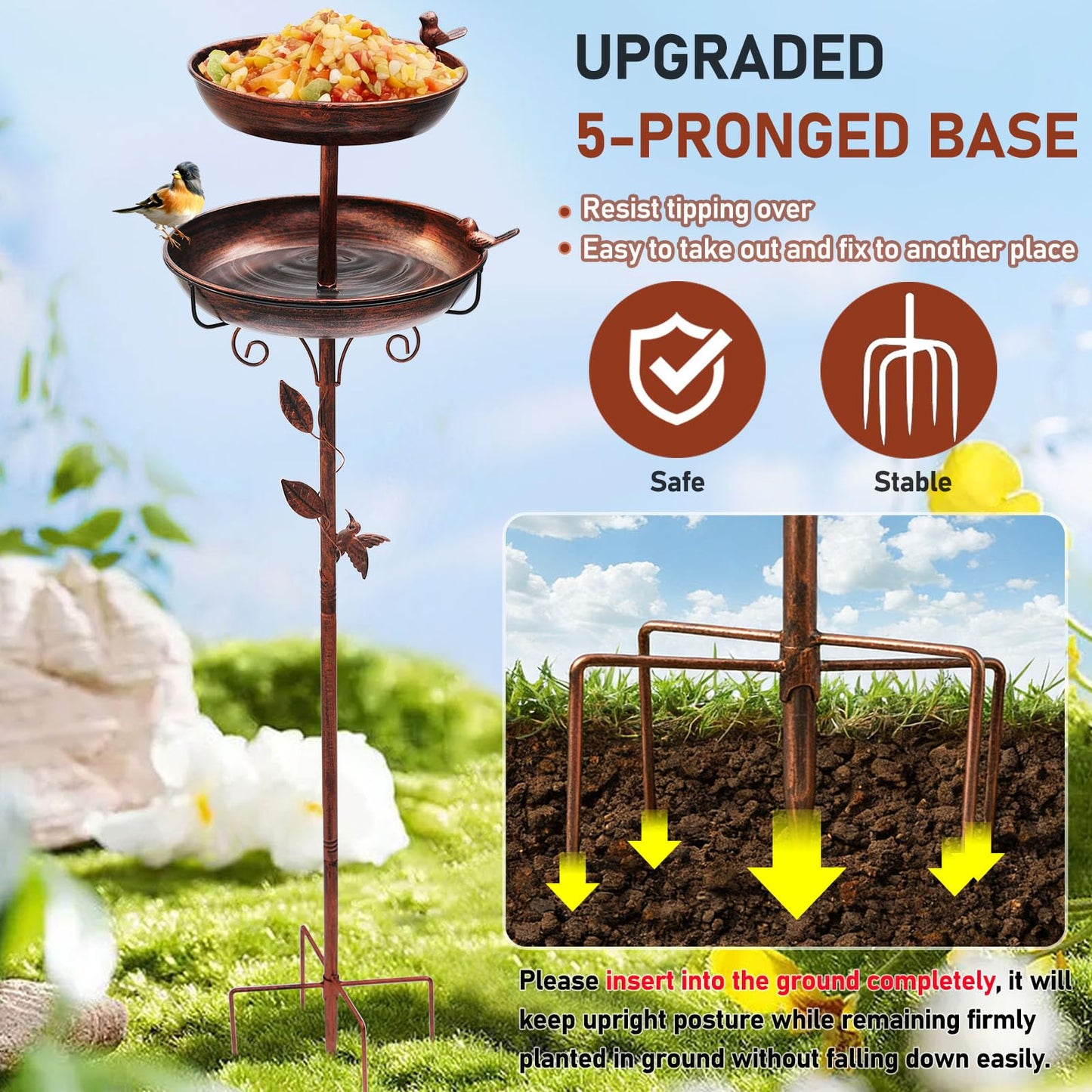 Metal Bird Bath for Garden – 42in 2-in-1 Birdfeeder & Birdbath with Bird & Leaf Design, Double Bowls, Upgraded 5-Prong Base — Bird Baths for Garden Patio Yard Lawn Decor