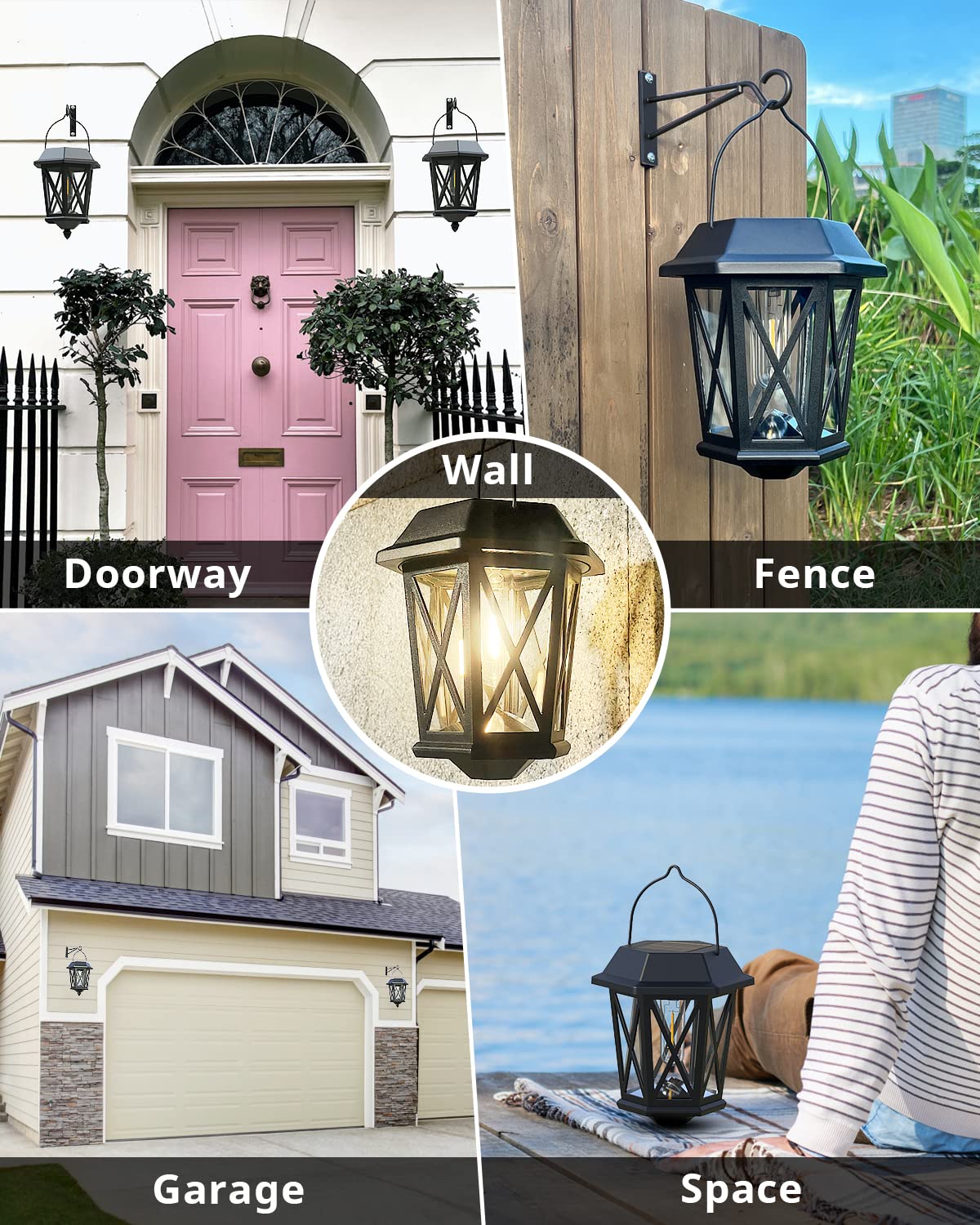 Solar Lantern Outdoor Hanging Solar Lights, Waterproof Metal Solar Lights Outdoor with Clear Glass, LED Solar Powered Lights Wall Mount for Yard Garden Wall Outdoor, Black - 2 Pack