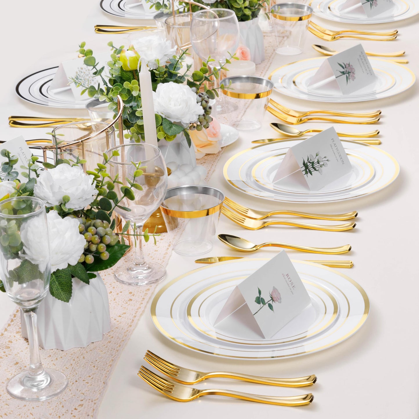 BESTSTAR 100PCS White Plastic Plates for Party, 10.25 Inch Disposable Plates with Gold Rim, Heavy Duty Dinner Plates for Christmas, Thanksgiving, Party, Wedding and Birthday