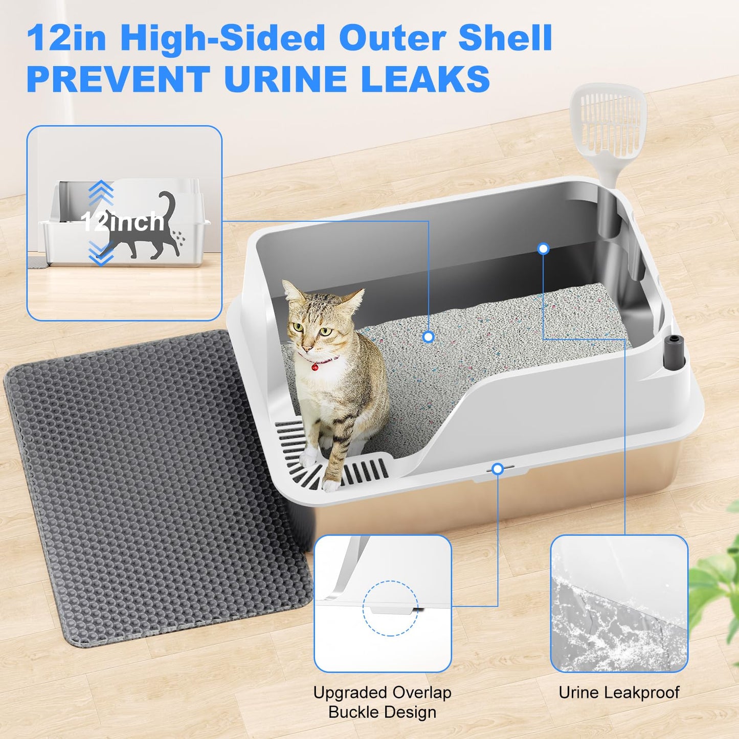 Stainless Steel Cat Litter Box with Lid, XL for Big Cats, High Sided Metal Litter Pan, Anti Leakage,Odor-Free & Easy Cleaning,Included Scoop &Trash Bag*2 & Mat & Sticker (White)