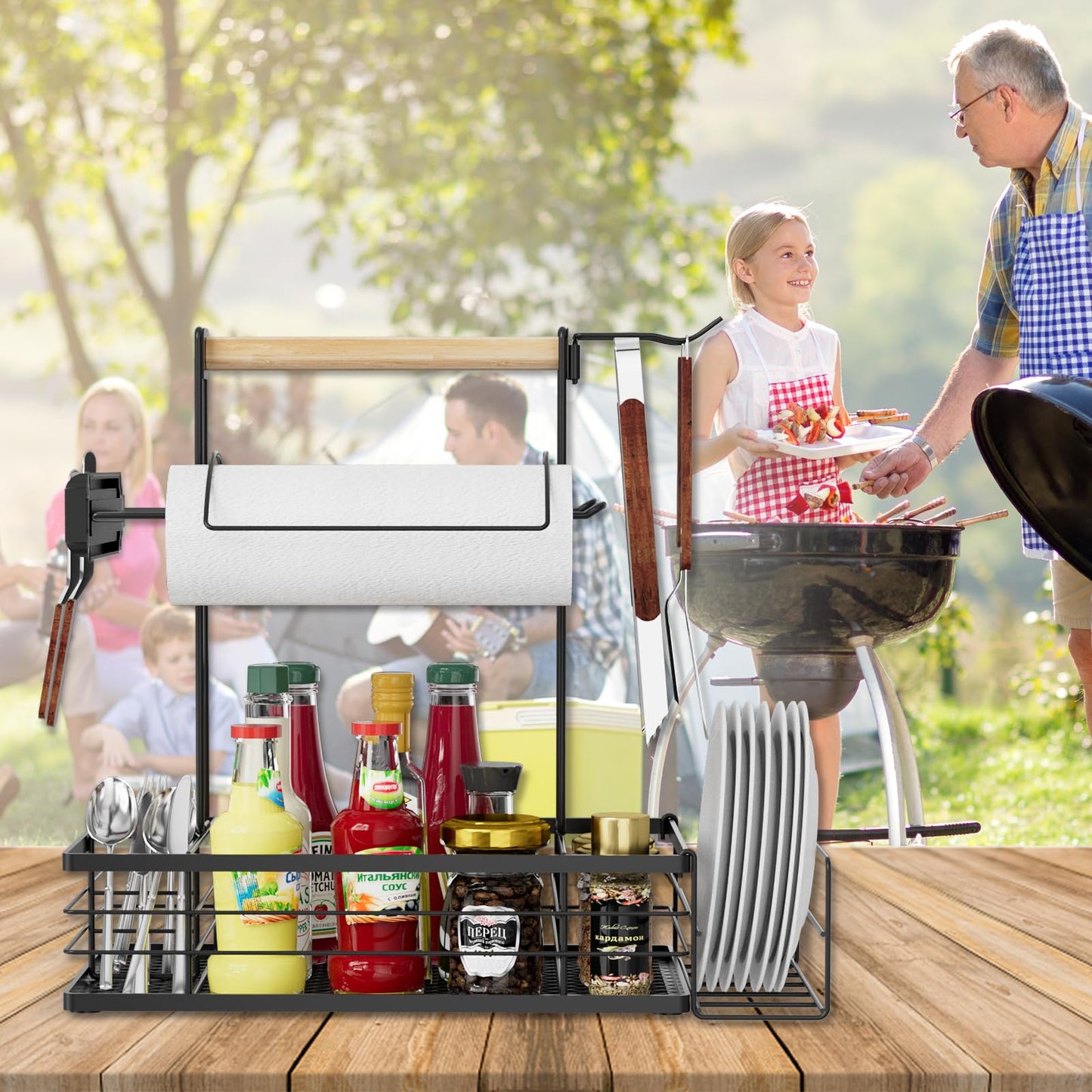 NEYCIL Grill Caddy, BBQ Caddy with Magnetic Tool & Paper Towel Holders, Picnic Utensil Condiment Caddy, Barbecue Grill Tool Organizer for Outdoor Camping, Cooking, Camper